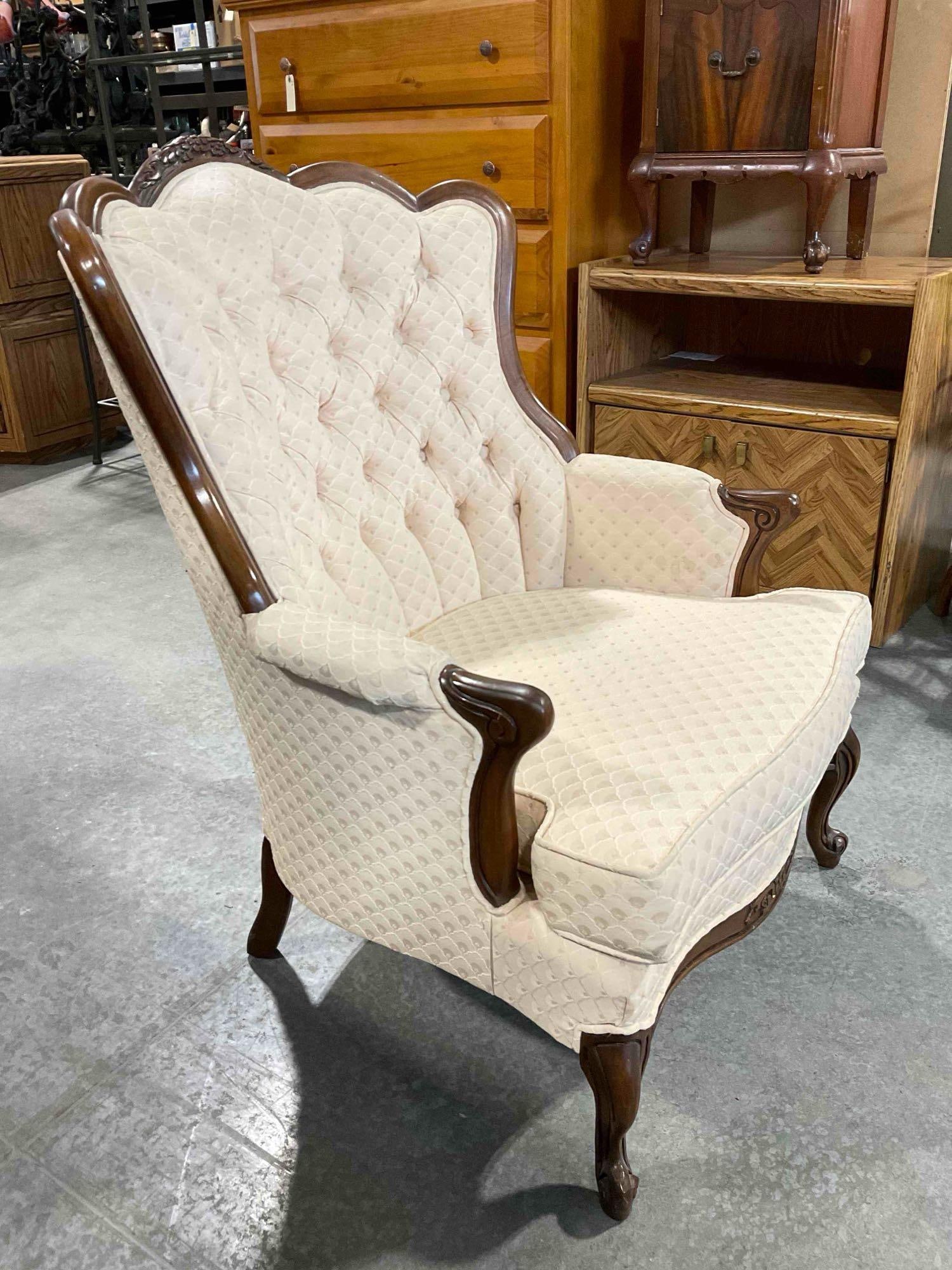 Vintage French Provincial Style Tufted Wingback Armchair w/ Pale Peach Scalloped Upholstery. - 3