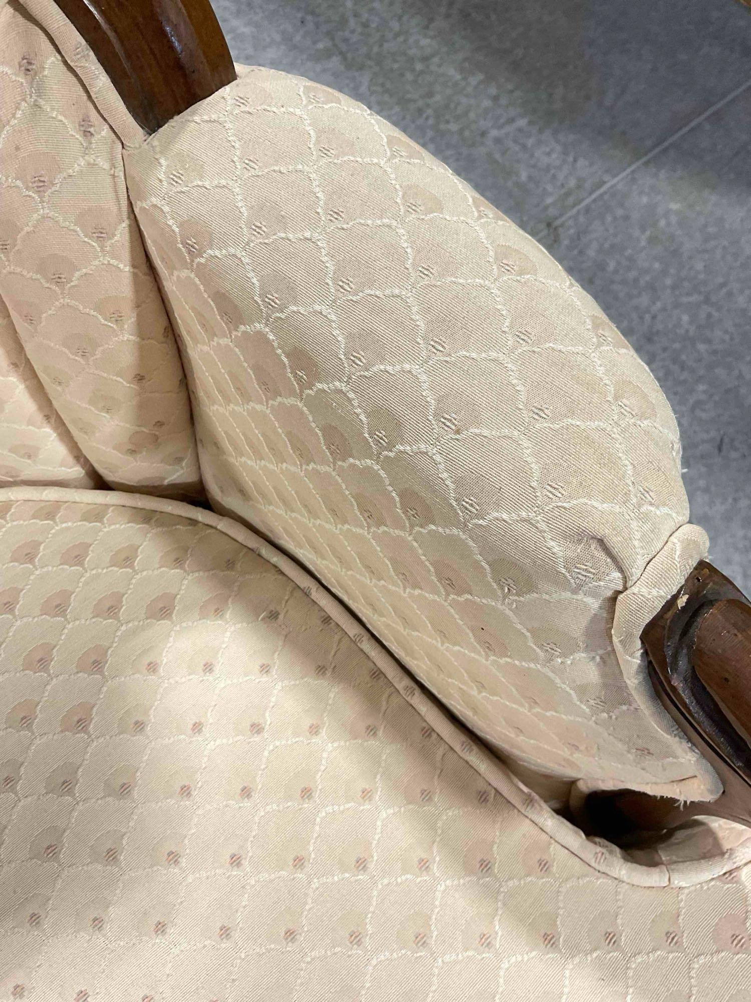 Vintage French Provincial Style Tufted Wingback Armchair w/ Pale Peach Scalloped Upholstery. - 4