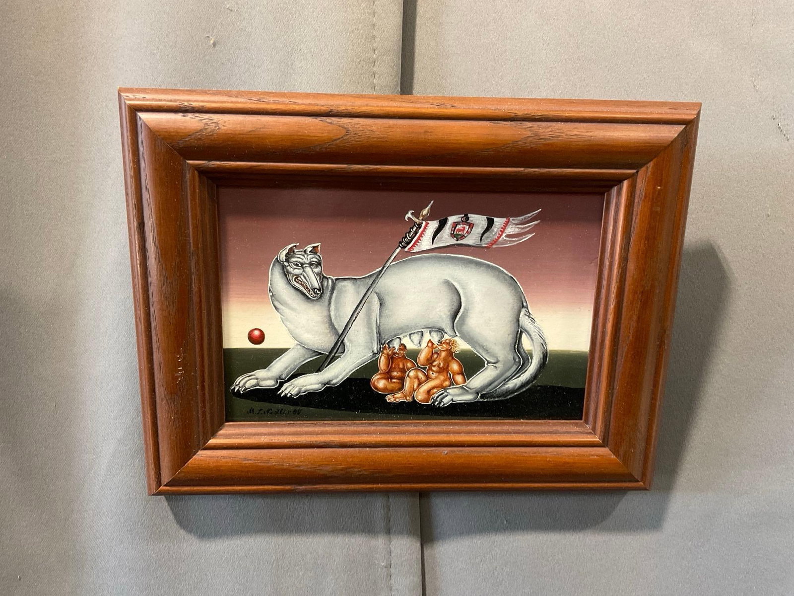 Framed Signed Original Oil on Board by Sylvia Nestler, Untitled 1985, 7x10 inch, White Wolf w/flag (1 of 5)