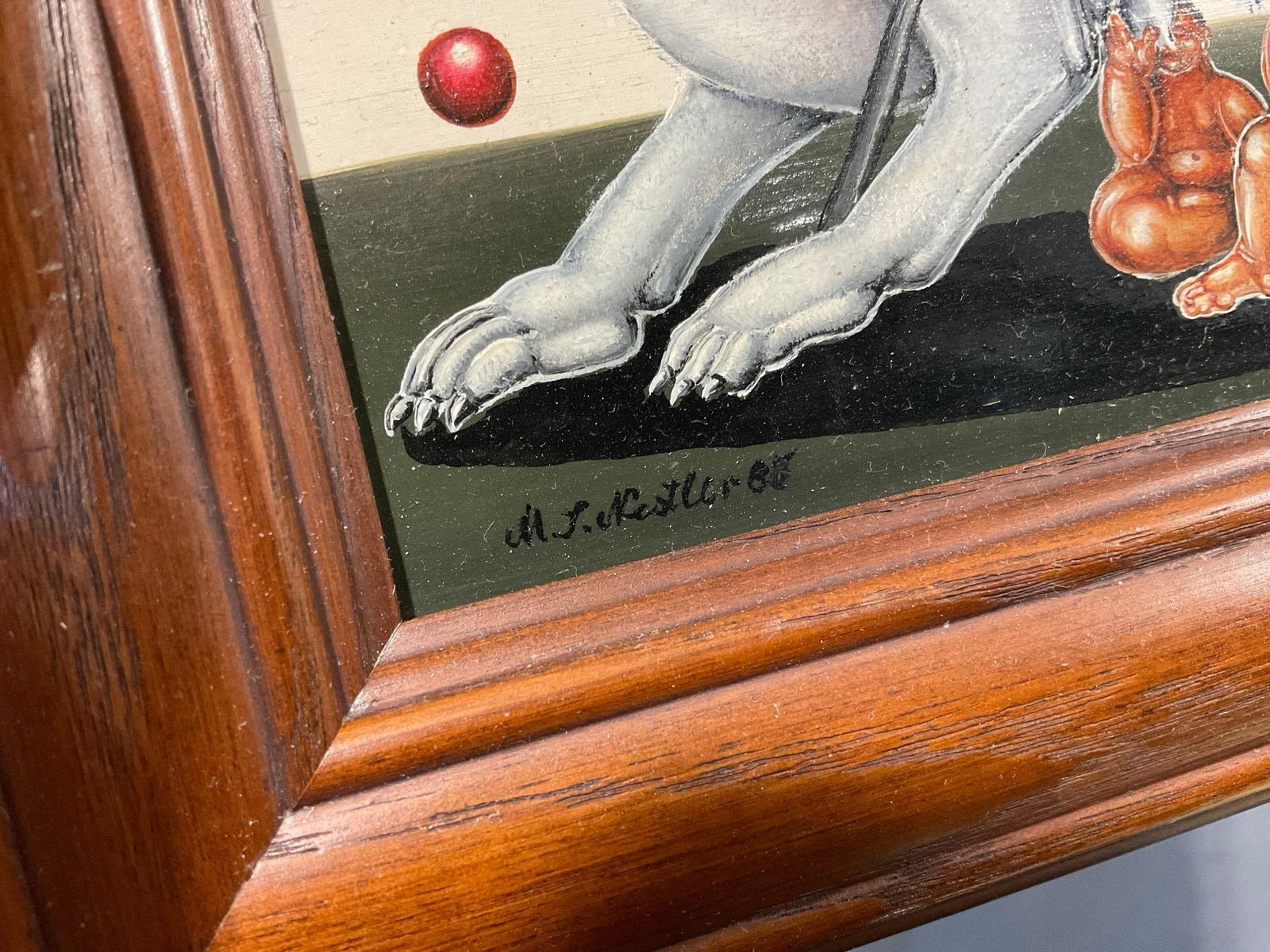 Framed Signed Original Oil on Board by Sylvia Nestler, Untitled 1985, 7x10 inch, White Wolf w/flag - 3