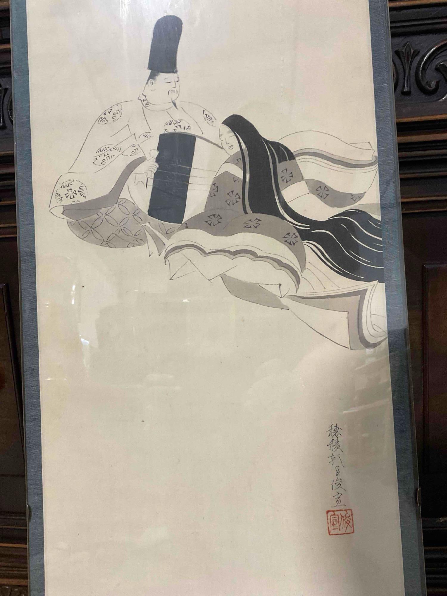 Tall Vintage Japanese Fabric Wall Scroll feat. Lord Playing Instrument for Lady. Fair Condition. ... - 4