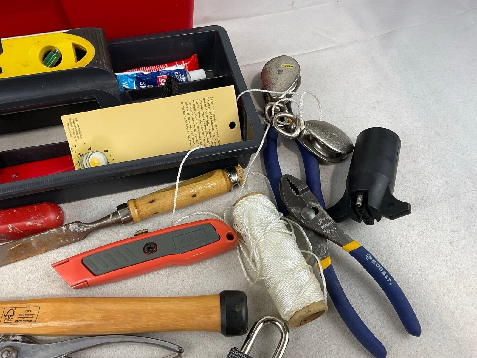 Keter Toolbox w/included Tools, Knives, mini level, Hammer, Pliers & more - 3