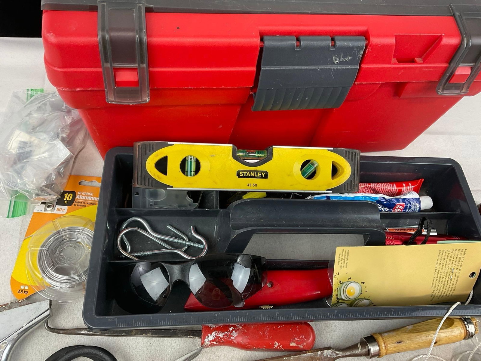 Keter Toolbox w/included Tools, Knives, mini level, Hammer, Pliers & more - 4
