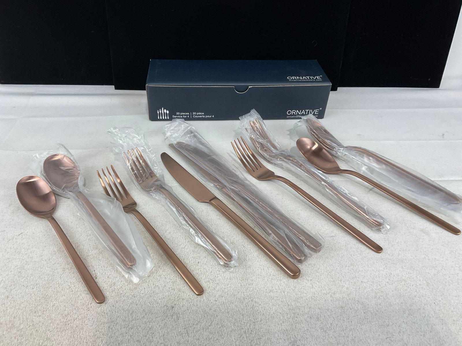 Ornative Tableware, Bronze tone metal, Fork, Salad Fork, Knife, Spoon & Teaspoons, Service for 4