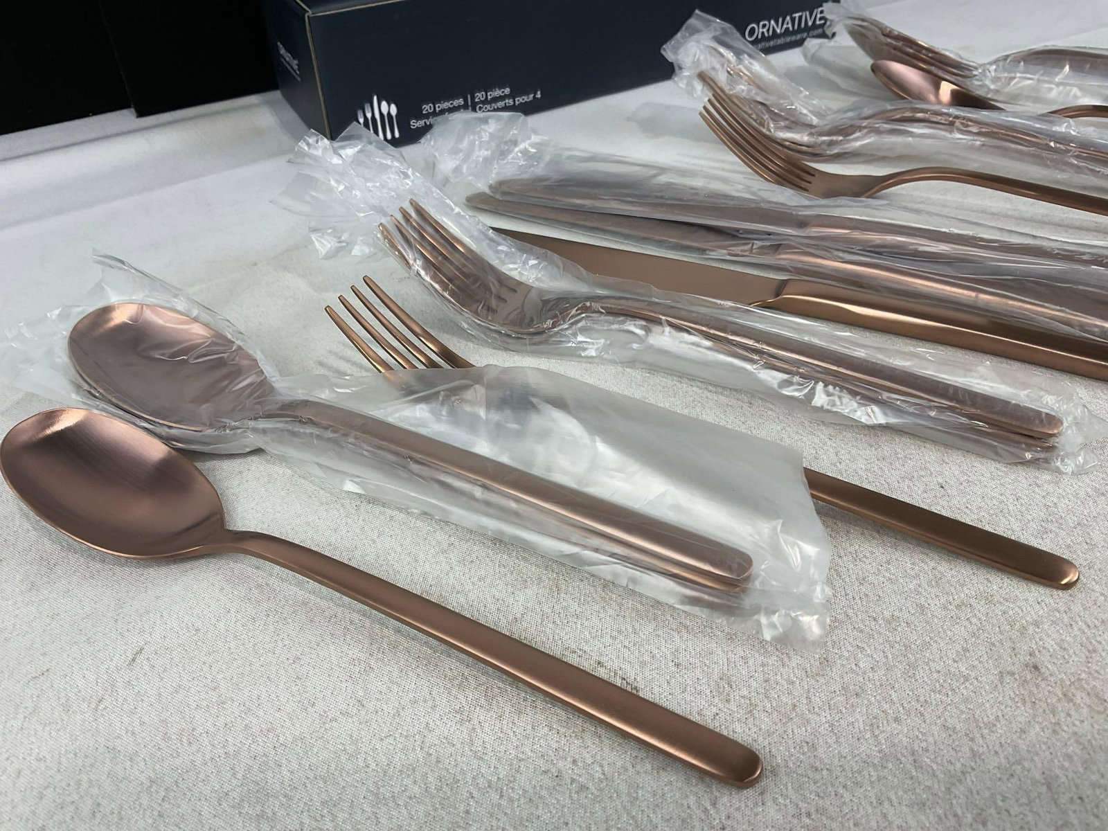 Ornative Tableware, Bronze tone metal, Fork, Salad Fork, Knife, Spoon & Teaspoons, Service for 4 - 2