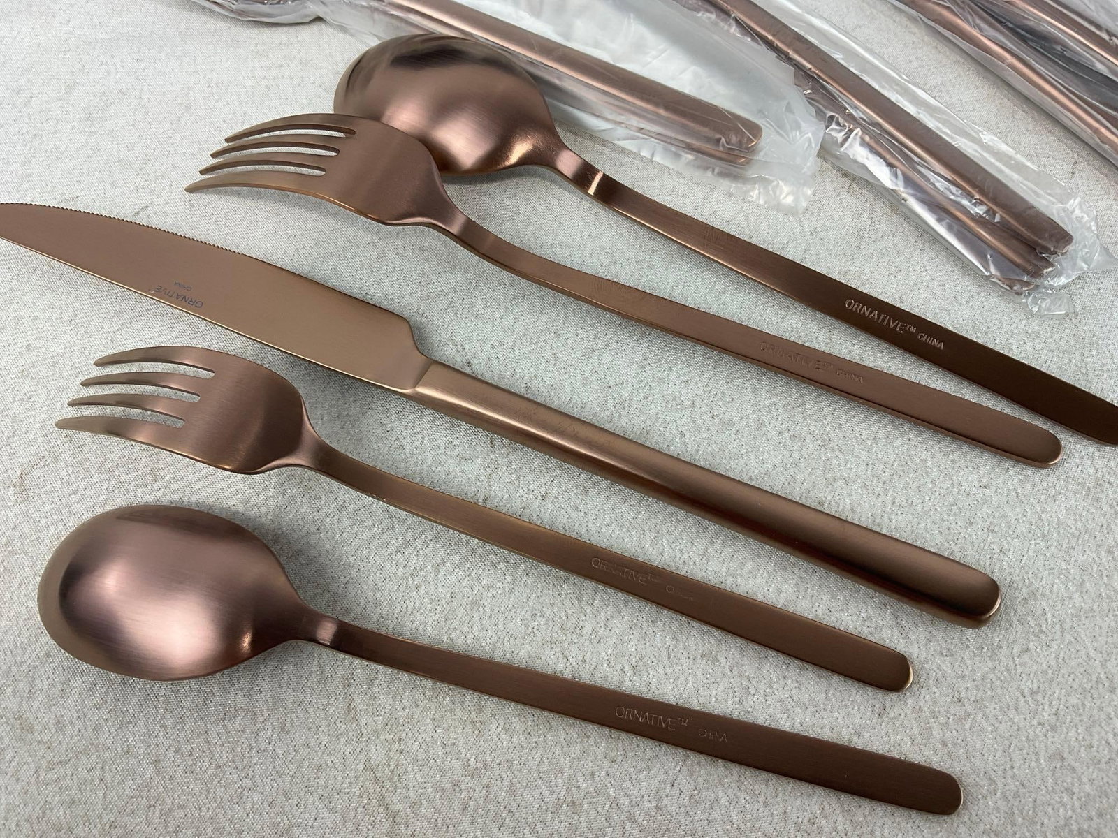 Ornative Tableware, Bronze tone metal, Fork, Salad Fork, Knife, Spoon & Teaspoons, Service for 4 - 4