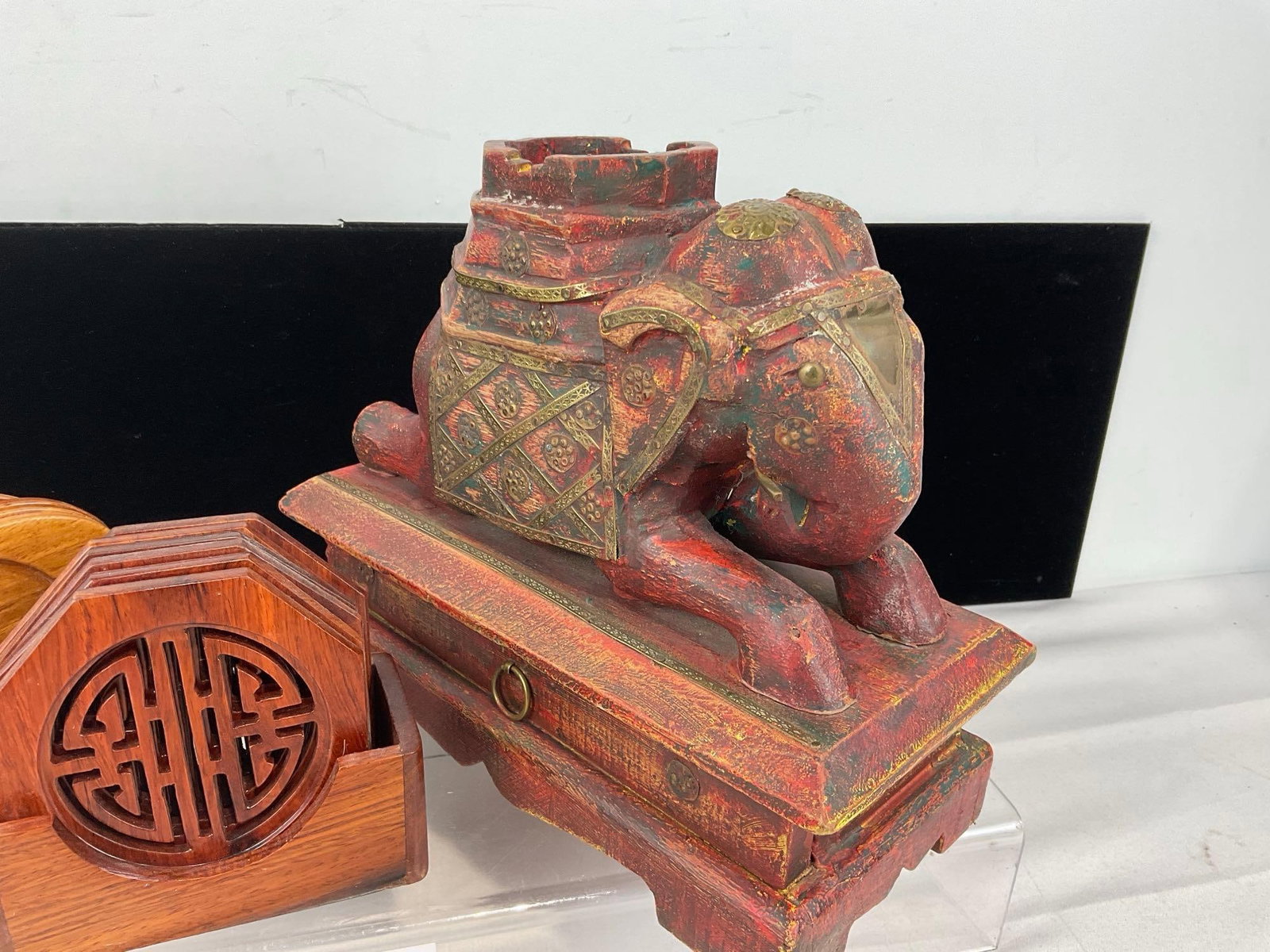 Handcarved & Painted Wooden Elephant Figure w/Trinket Drawer, Pair of Lovely Coaster Holsters - 3