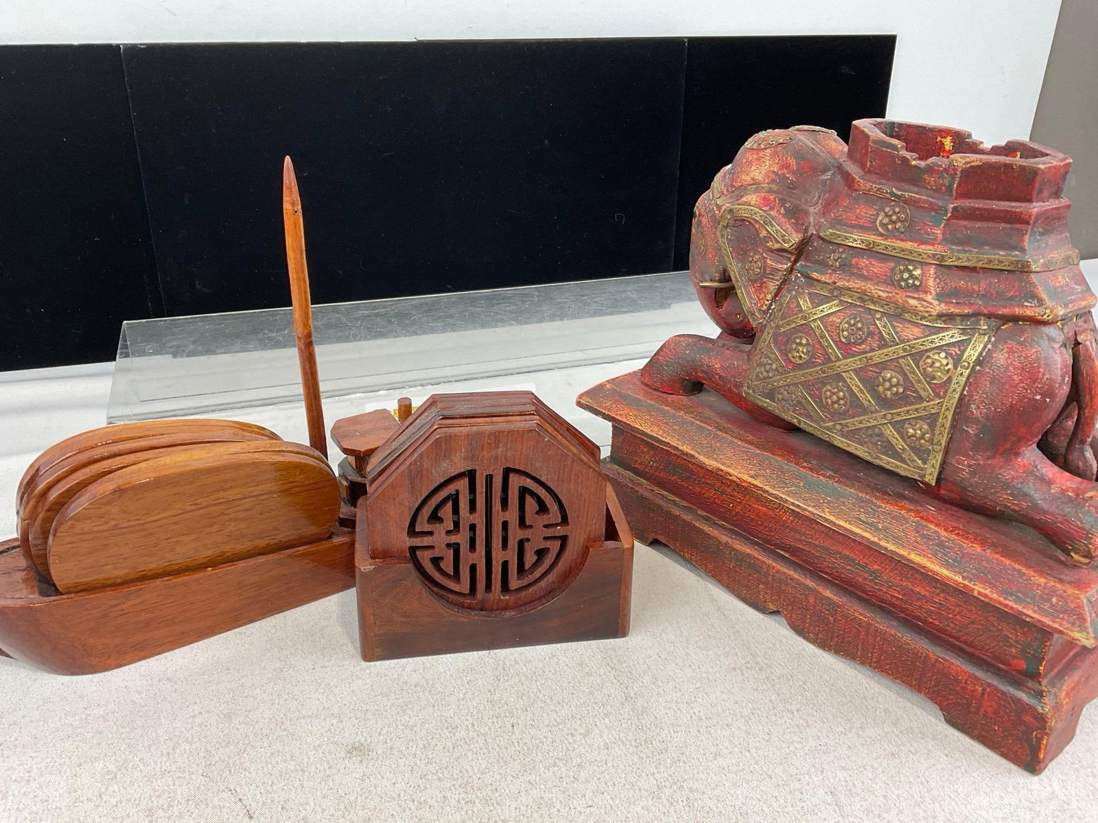 Handcarved & Painted Wooden Elephant Figure w/Trinket Drawer, Pair of Lovely Coaster Holsters - 4