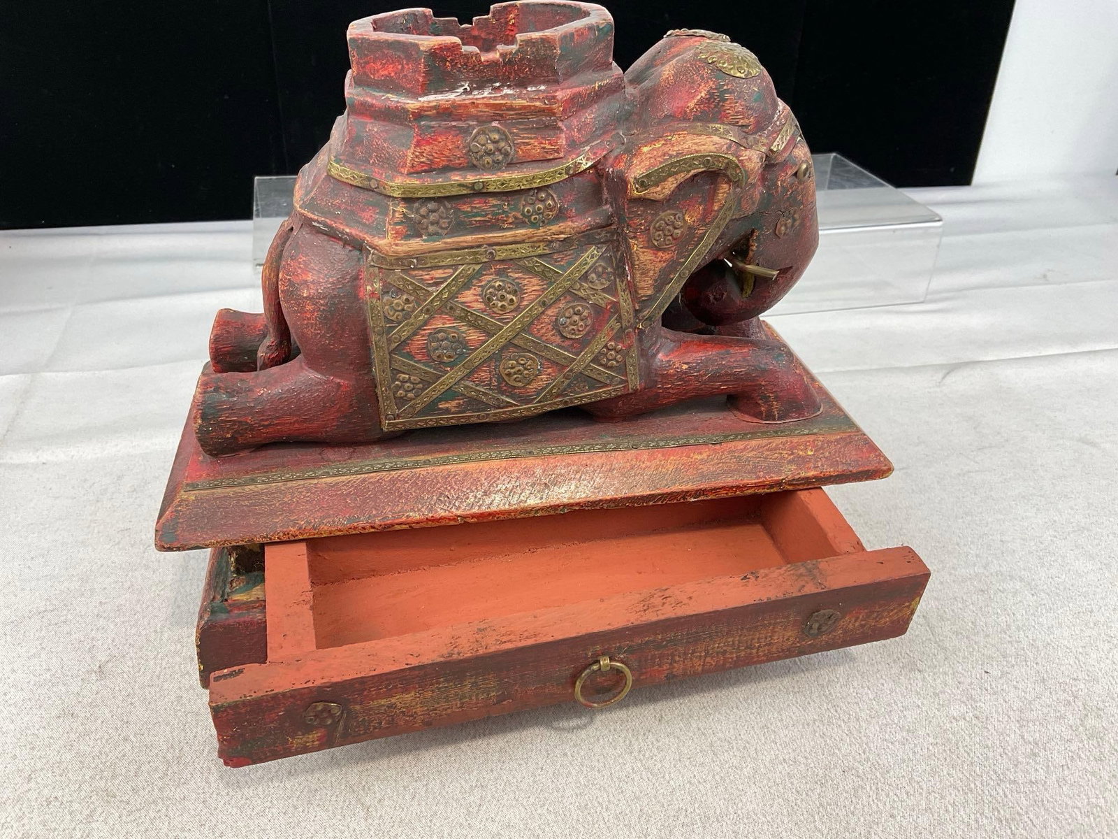 Handcarved & Painted Wooden Elephant Figure w/Trinket Drawer, Pair of Lovely Coaster Holsters - 6