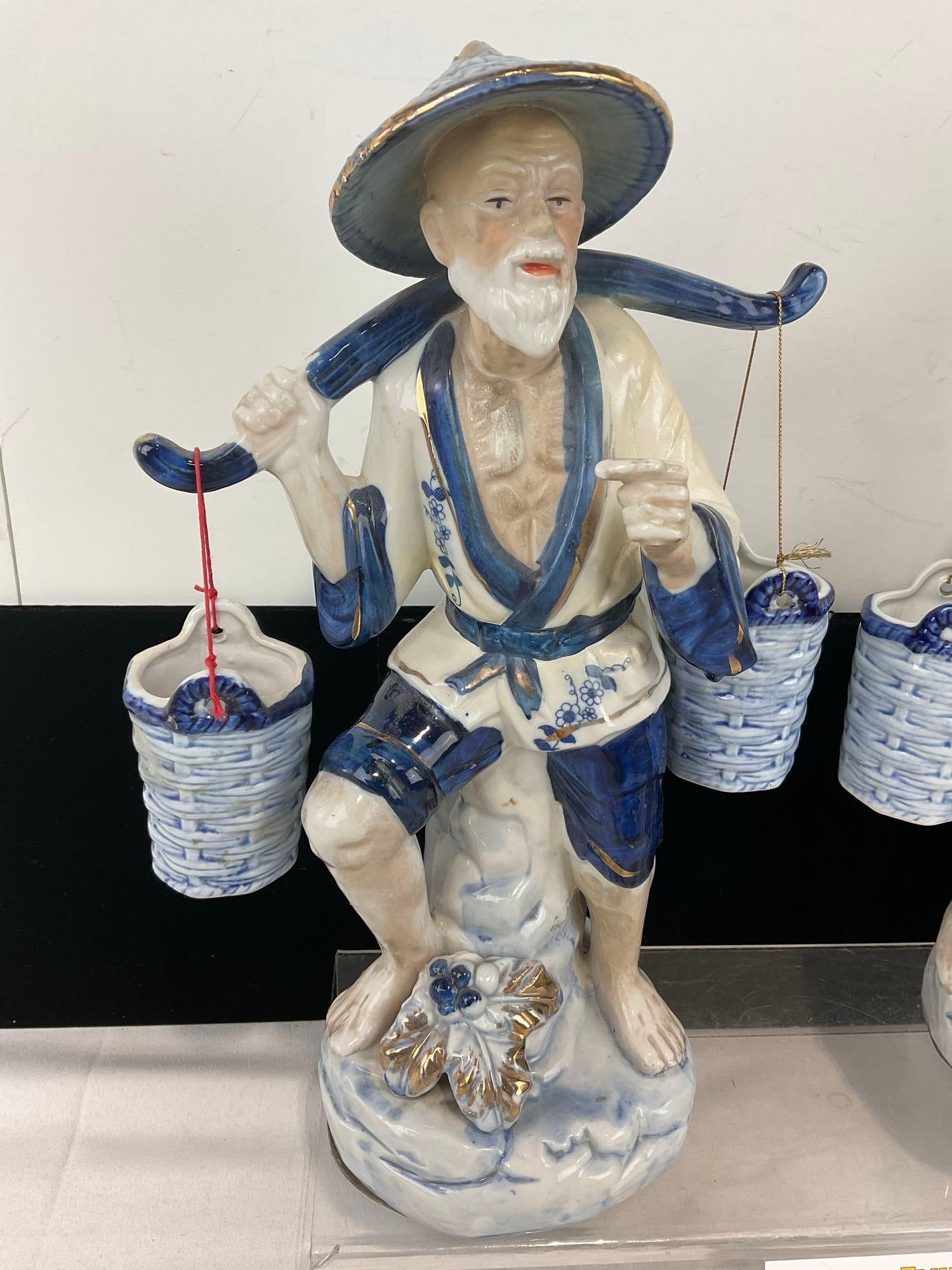 Pair of 1980s Vintage Chinese Porcelain Figurines, Traditional Fishers w/Shoulder Yokes, Blue/White - 2