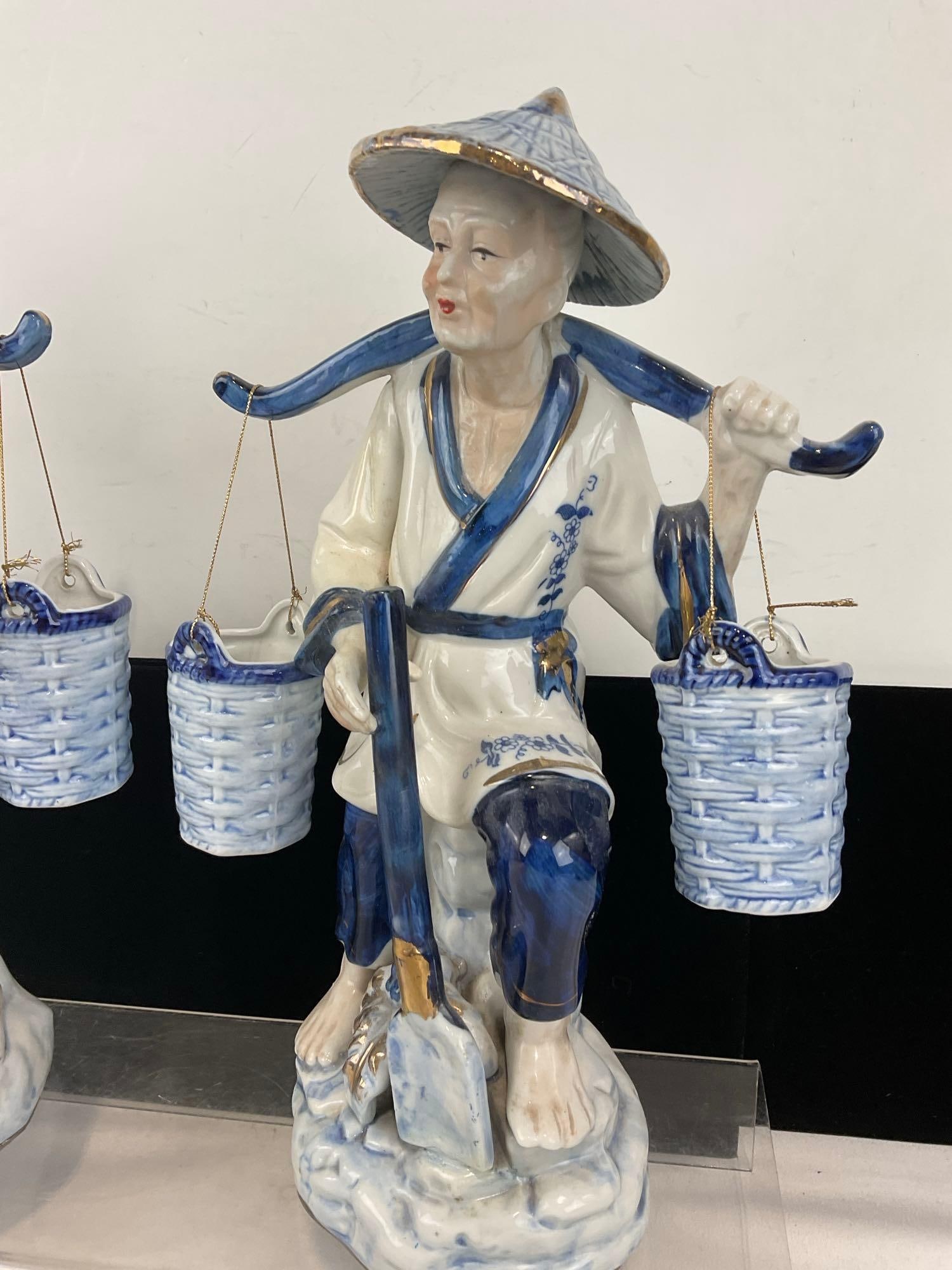 Pair of 1980s Vintage Chinese Porcelain Figurines, Traditional Fishers w/Shoulder Yokes, Blue/White - 3