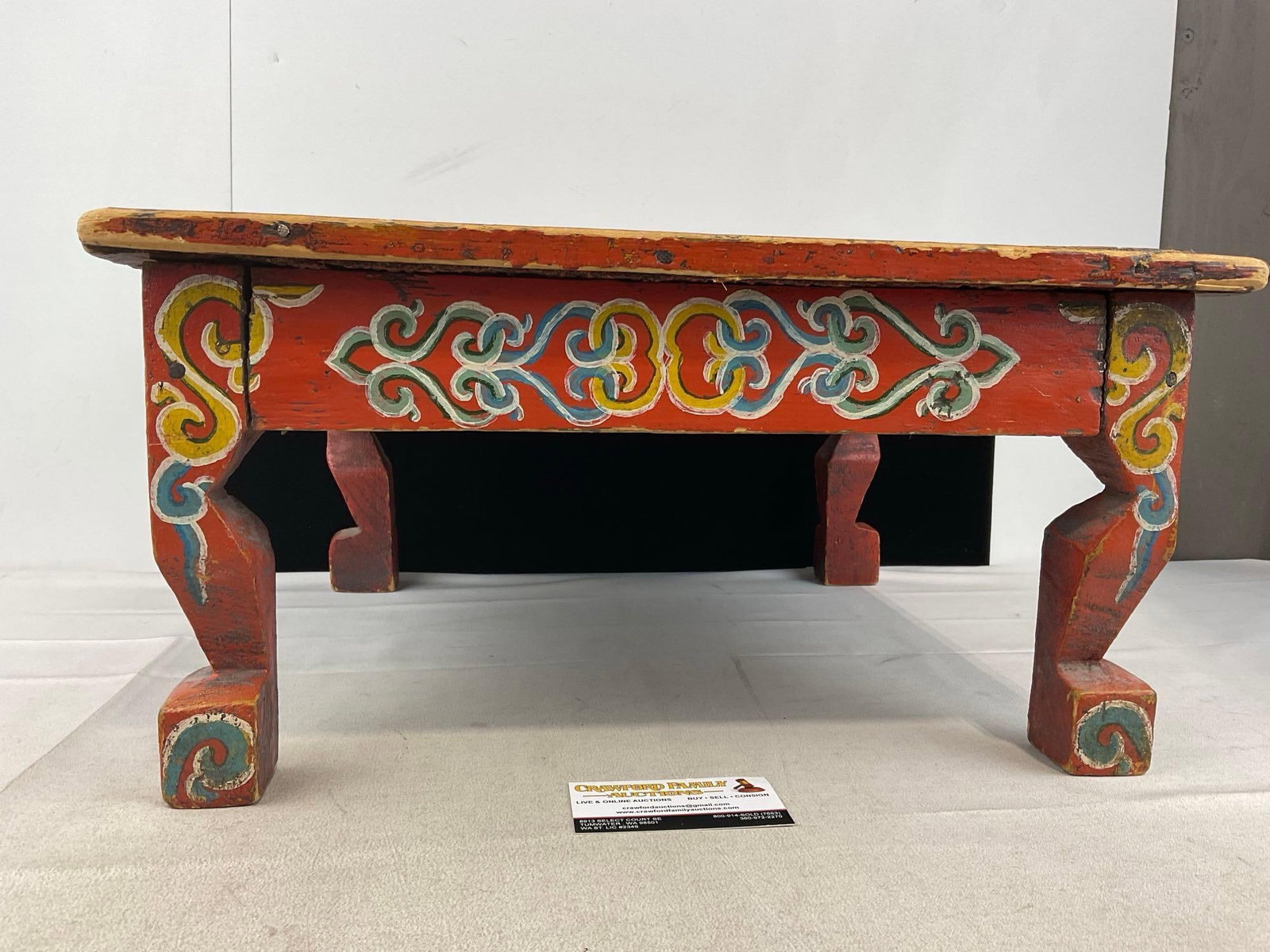 Vintage Chinese Low Table, Handpainted, Red w/White/Blue & Yellow details, distressed finish - 2