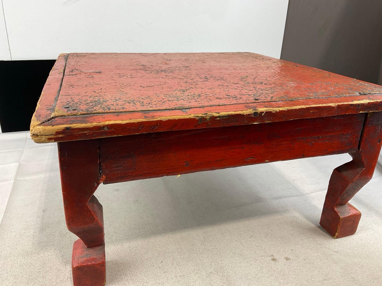 Vintage Chinese Low Table, Handpainted, Red w/White/Blue & Yellow details, distressed finish - 3