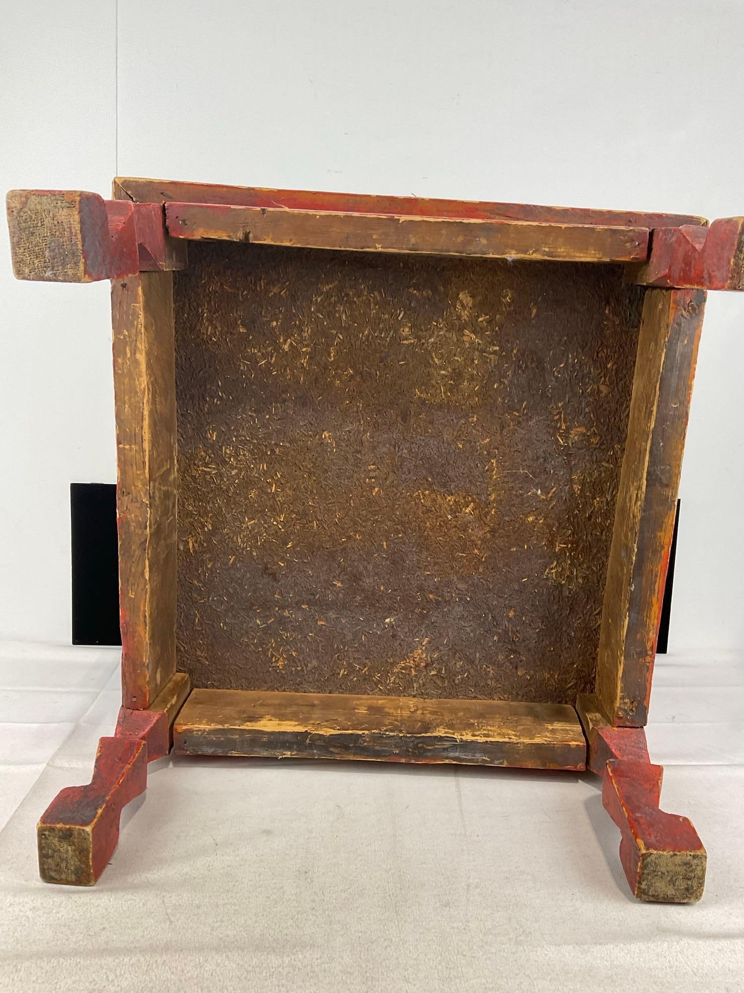 Vintage Chinese Low Table, Handpainted, Red w/White/Blue & Yellow details, distressed finish - 4