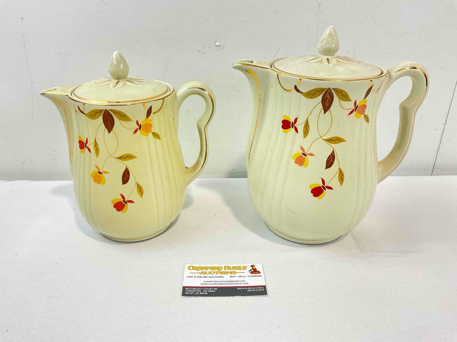 2 pcs Vintage Hall's Superior China Ceramic Coffee Pots in Autumn Leaf Pattern. Fair Condition.