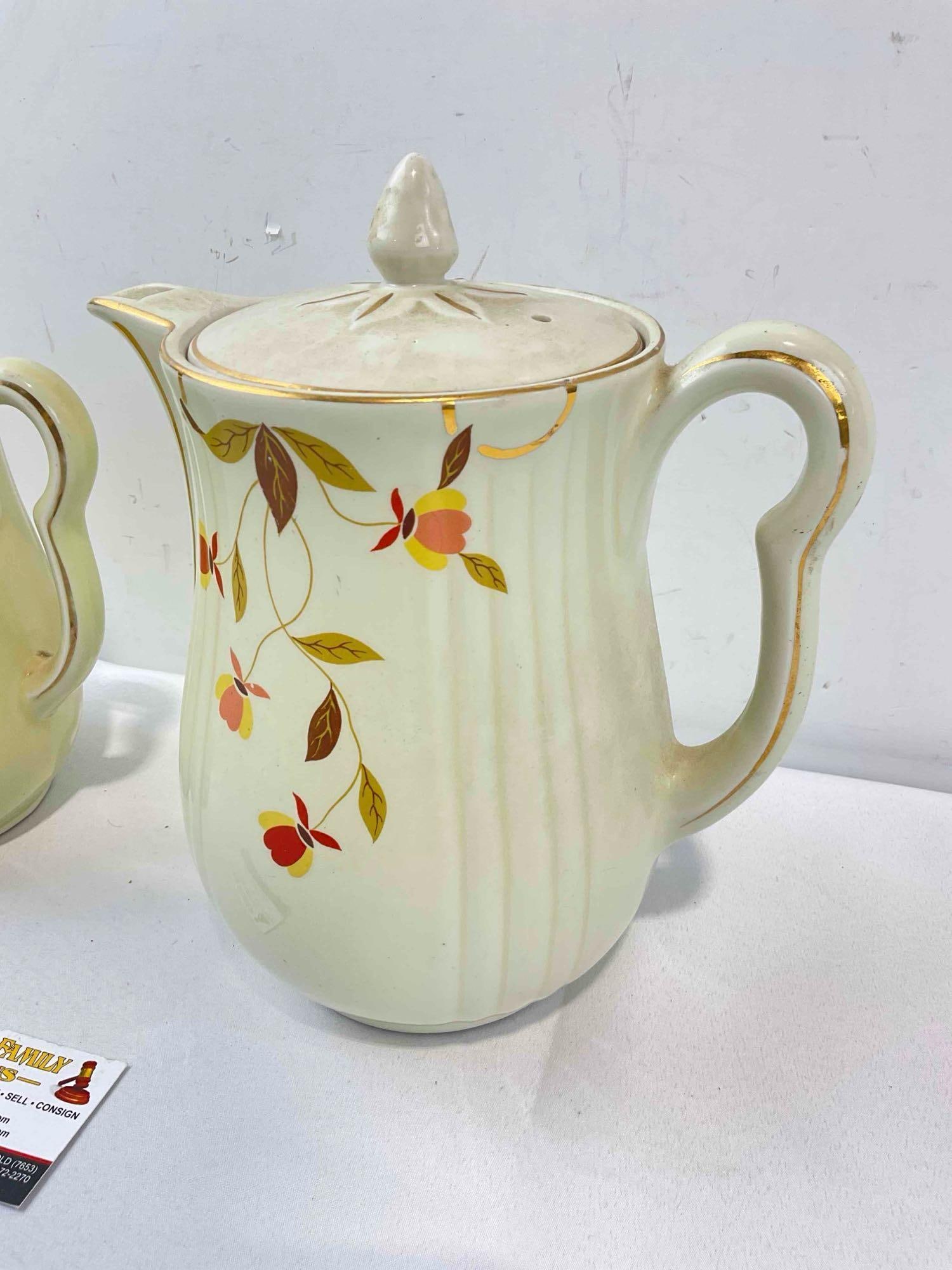 2 pcs Vintage Hall's Superior China Ceramic Coffee Pots in Autumn Leaf Pattern. Fair Condition. - 2