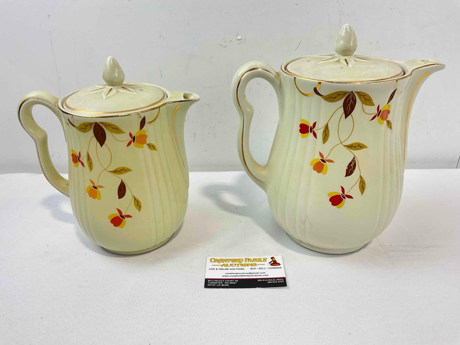 2 pcs Vintage Hall's Superior China Ceramic Coffee Pots in Autumn Leaf Pattern. Fair Condition. - 6