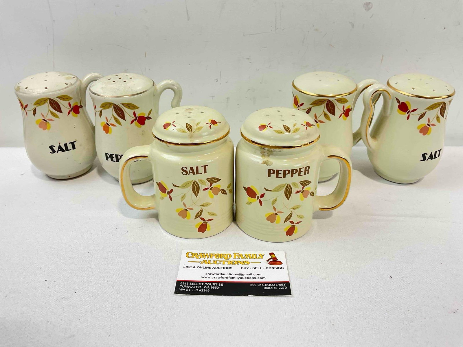 3 Pairs of Ceramic Salt & Pepper Shakers w/ Hall China's Autumn Leaves Design. Good Condition.