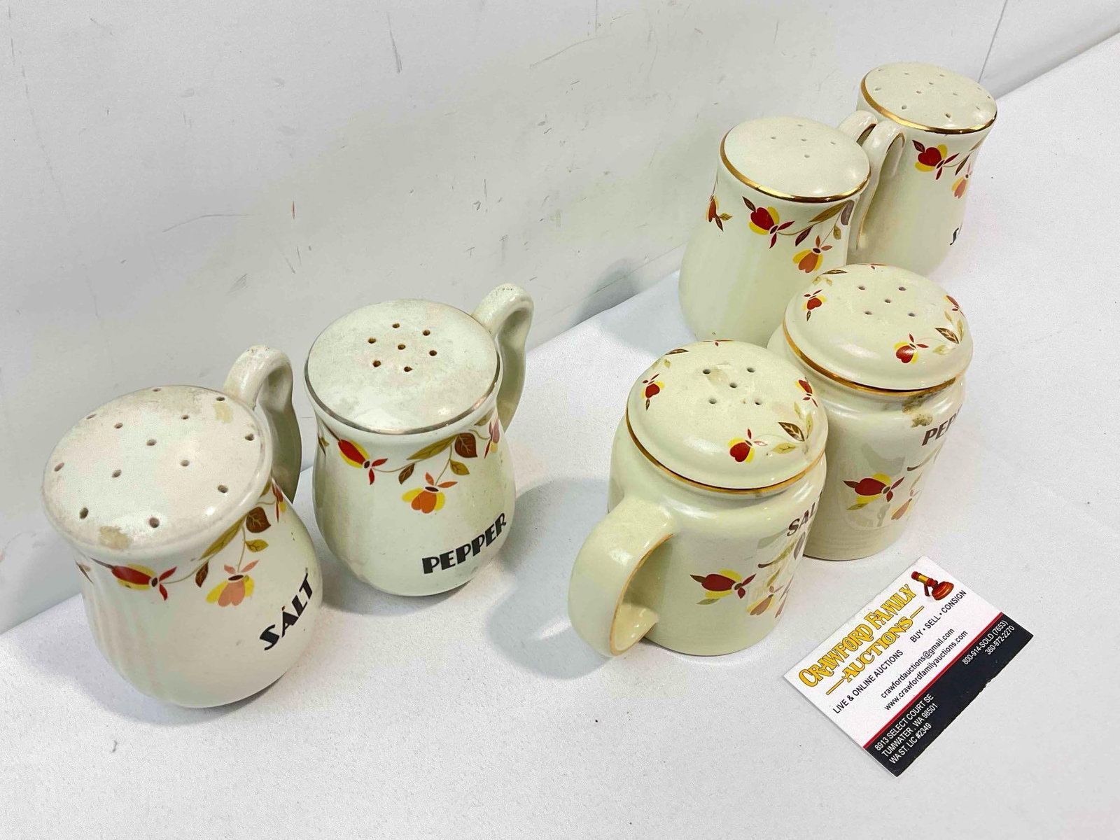 3 Pairs of Ceramic Salt & Pepper Shakers w/ Hall China's Autumn Leaves Design. Good Condition. - 2