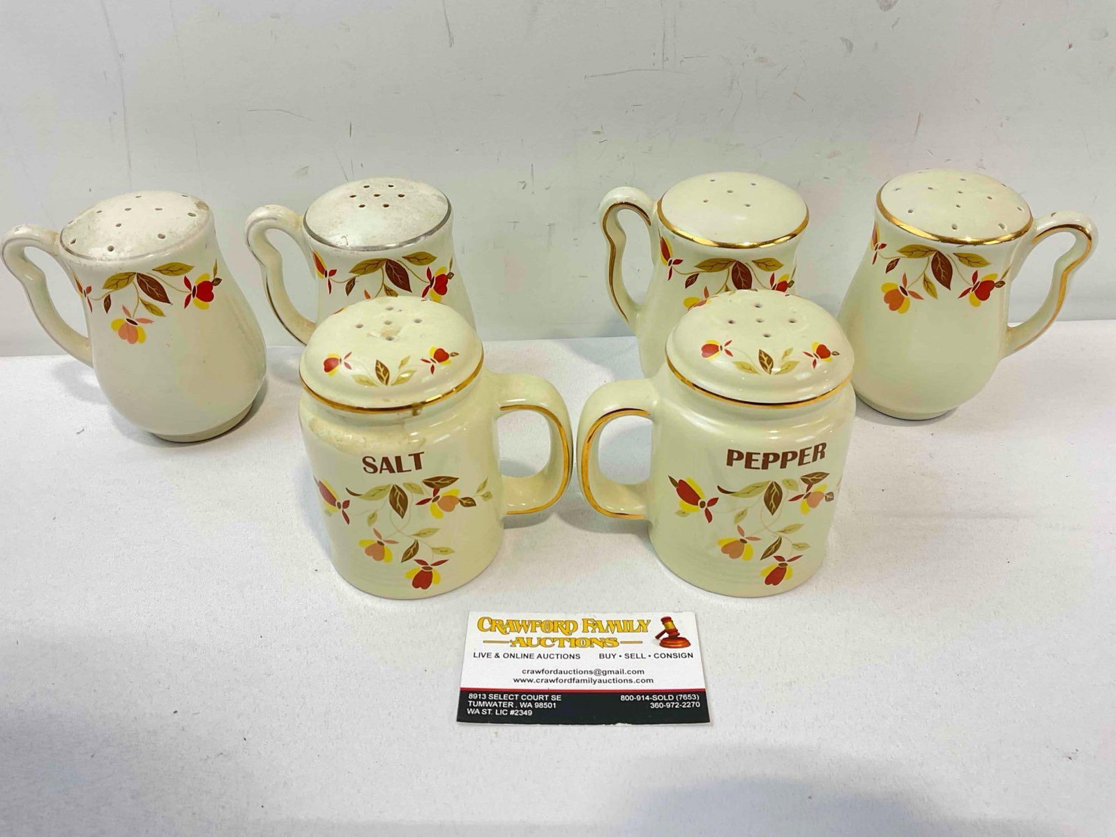3 Pairs of Ceramic Salt & Pepper Shakers w/ Hall China's Autumn Leaves Design. Good Condition. - 4