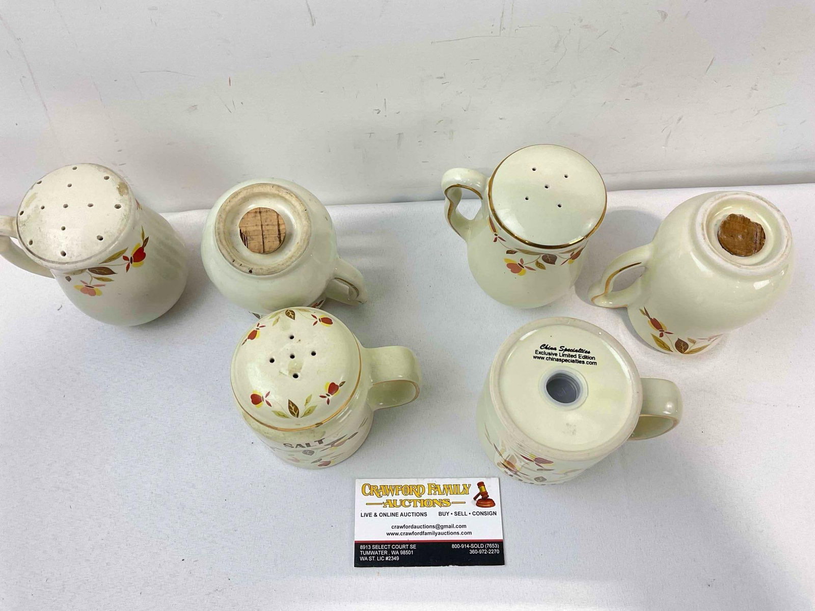 3 Pairs of Ceramic Salt & Pepper Shakers w/ Hall China's Autumn Leaves Design. Good Condition. - 5