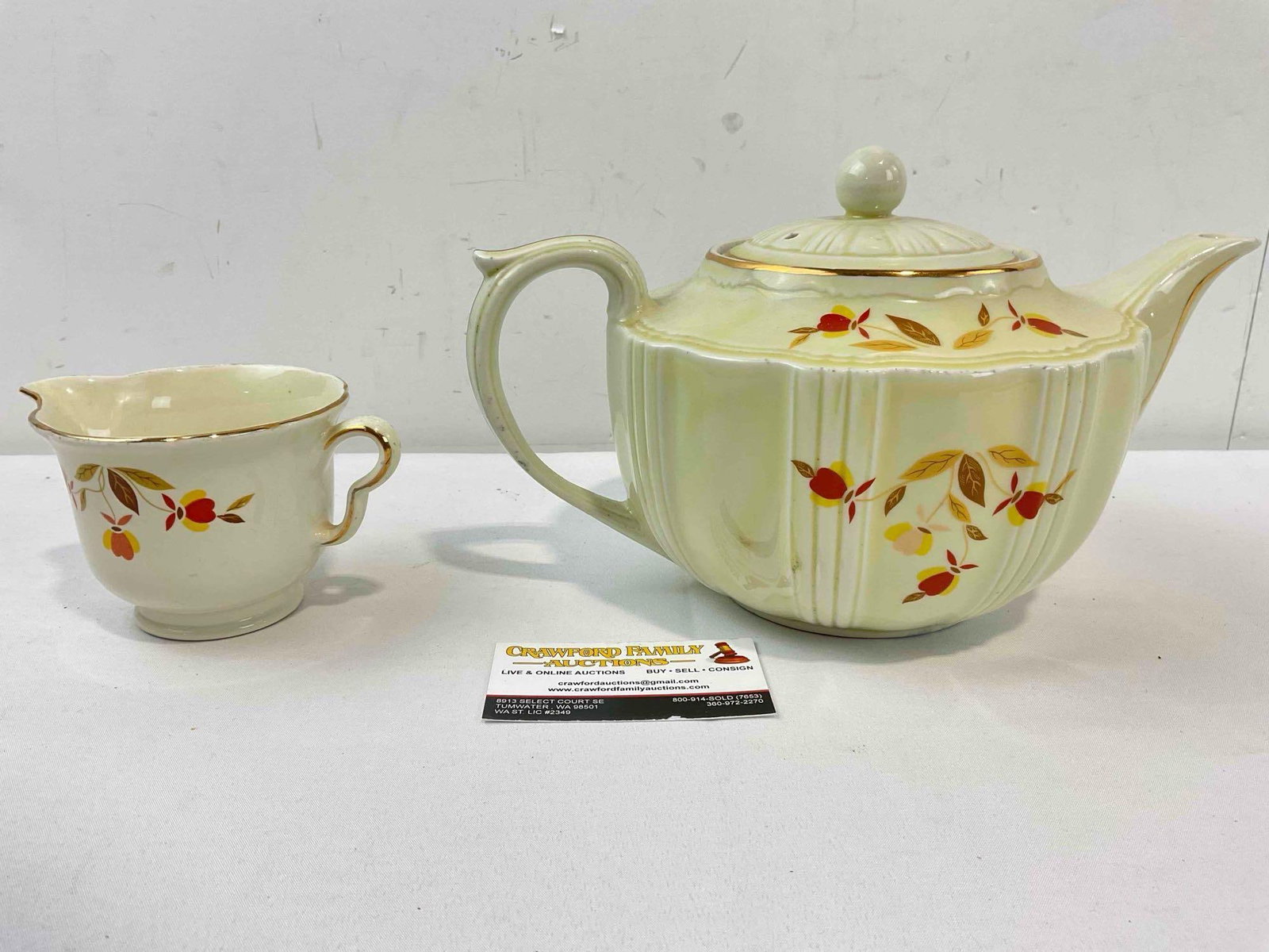 2 pcs Ceramic Assortment w/ Hall China's Autumn Leaf Design, 1x Marked Hall. Good Condition. - 4