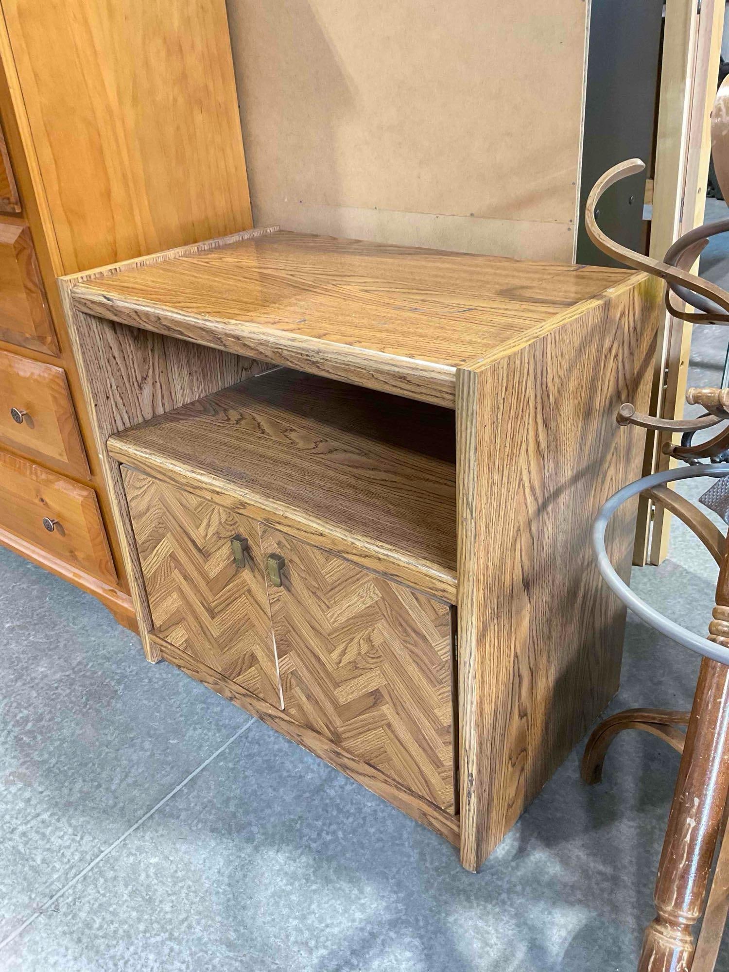 Oak Veneer Console Cabinet w/ Pull Out Tray, Cupboard & Parquetry Pattern. Fair Condition. See pi... - 3