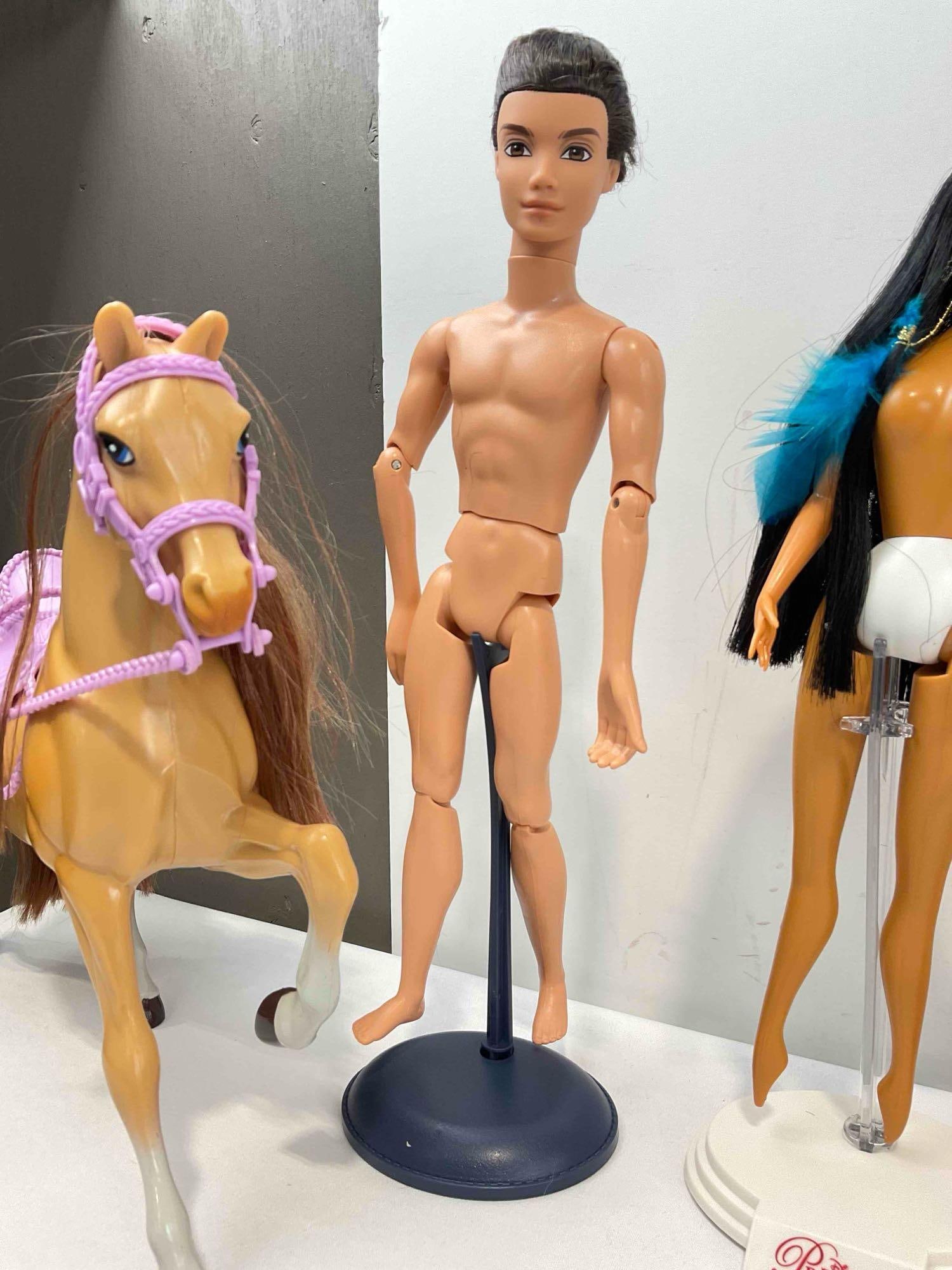 6 pcs Barbie Toys, incl. 4x Collectible Fashion Dolls w/ Stands & 2x Horses. Fair Condition. See - 3