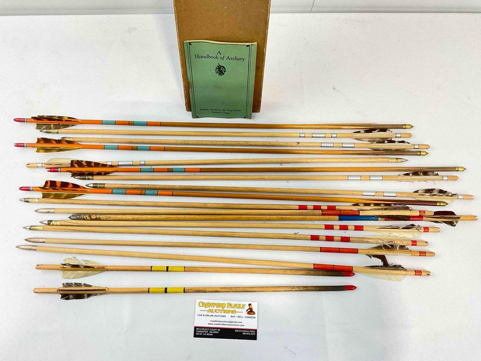 18 pc Vintage Wood & Feather Archery Arrows w/ York Arrows Box & A Handbook of Archery. - 2