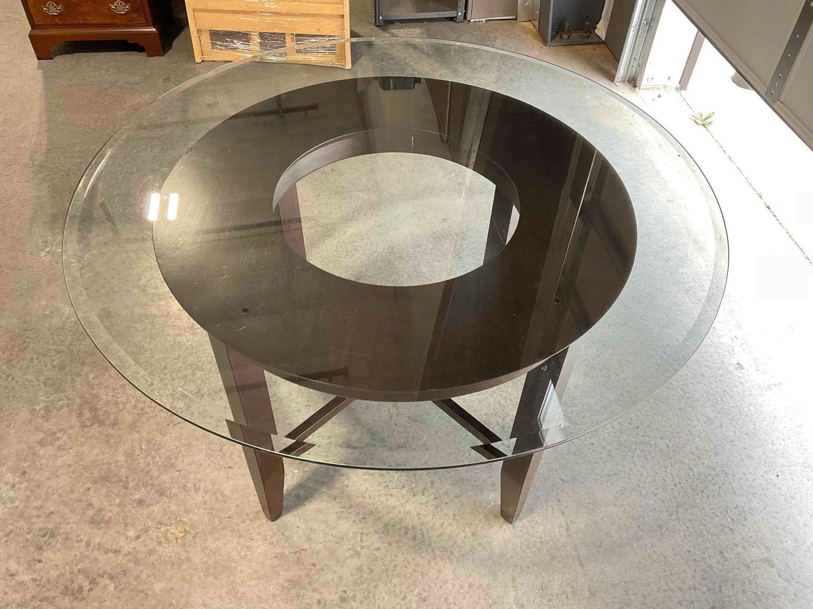 Modern Round Wooden Dining Table w/ Glass Top. Fair Condition. Measures 48" x 48" x 30" - 3