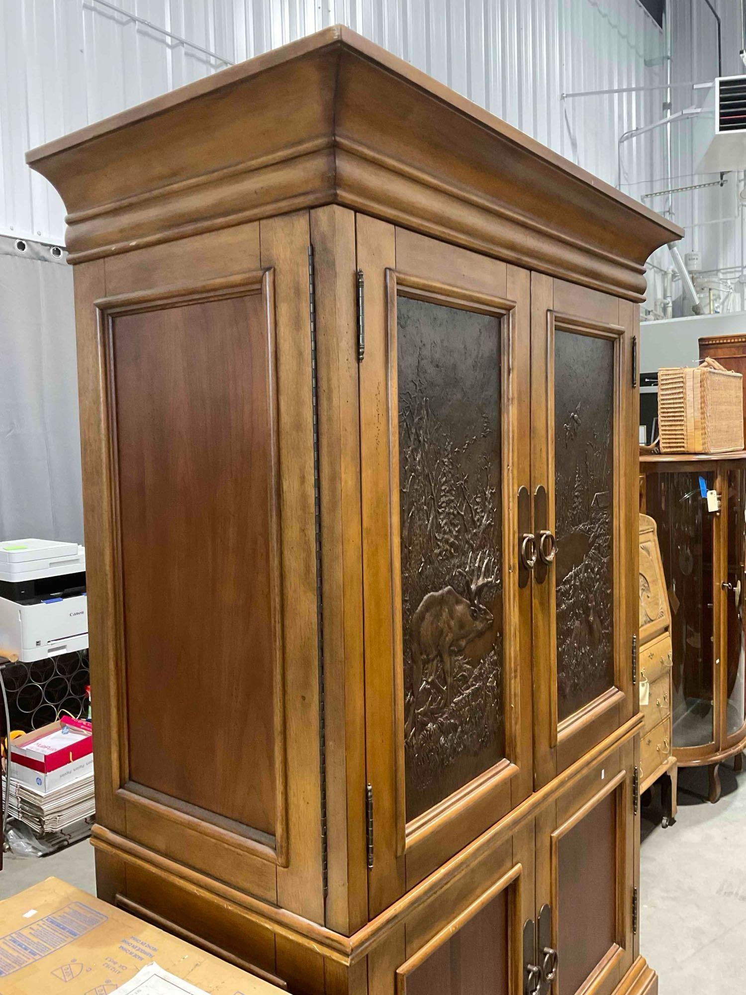 Klaussner "Dick Idol" Rustic Cherry? Wood Finish Armoire w/ Metal Nature Scene. Very Good Cond. - 2