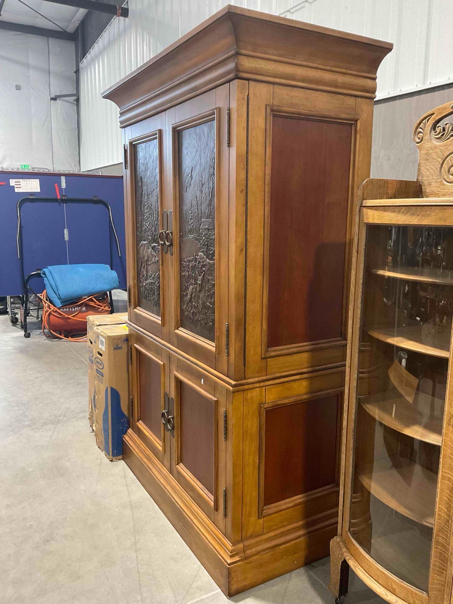 Klaussner "Dick Idol" Rustic Cherry? Wood Finish Armoire w/ Metal Nature Scene. Very Good Cond. - 3