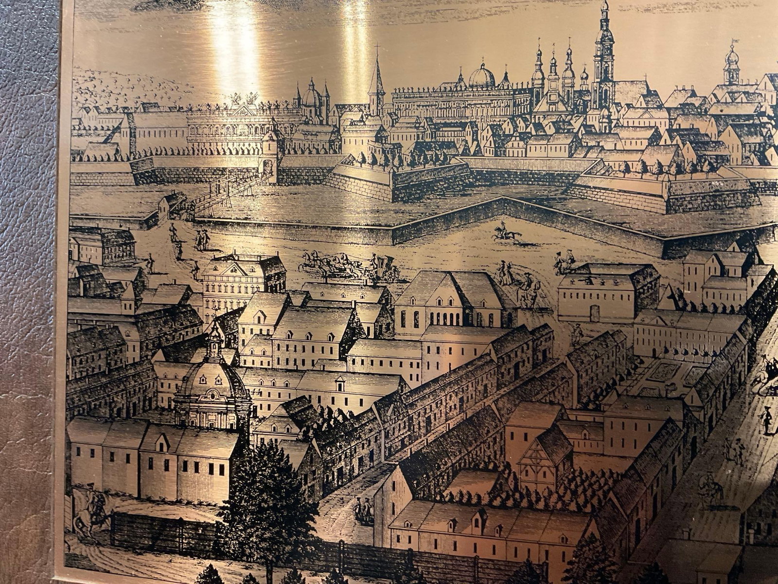 Copper Wall Plaque Etching, Berolinum, Berlin, Panoramic View, on Leathered Frame, 11x19 inches - 2
