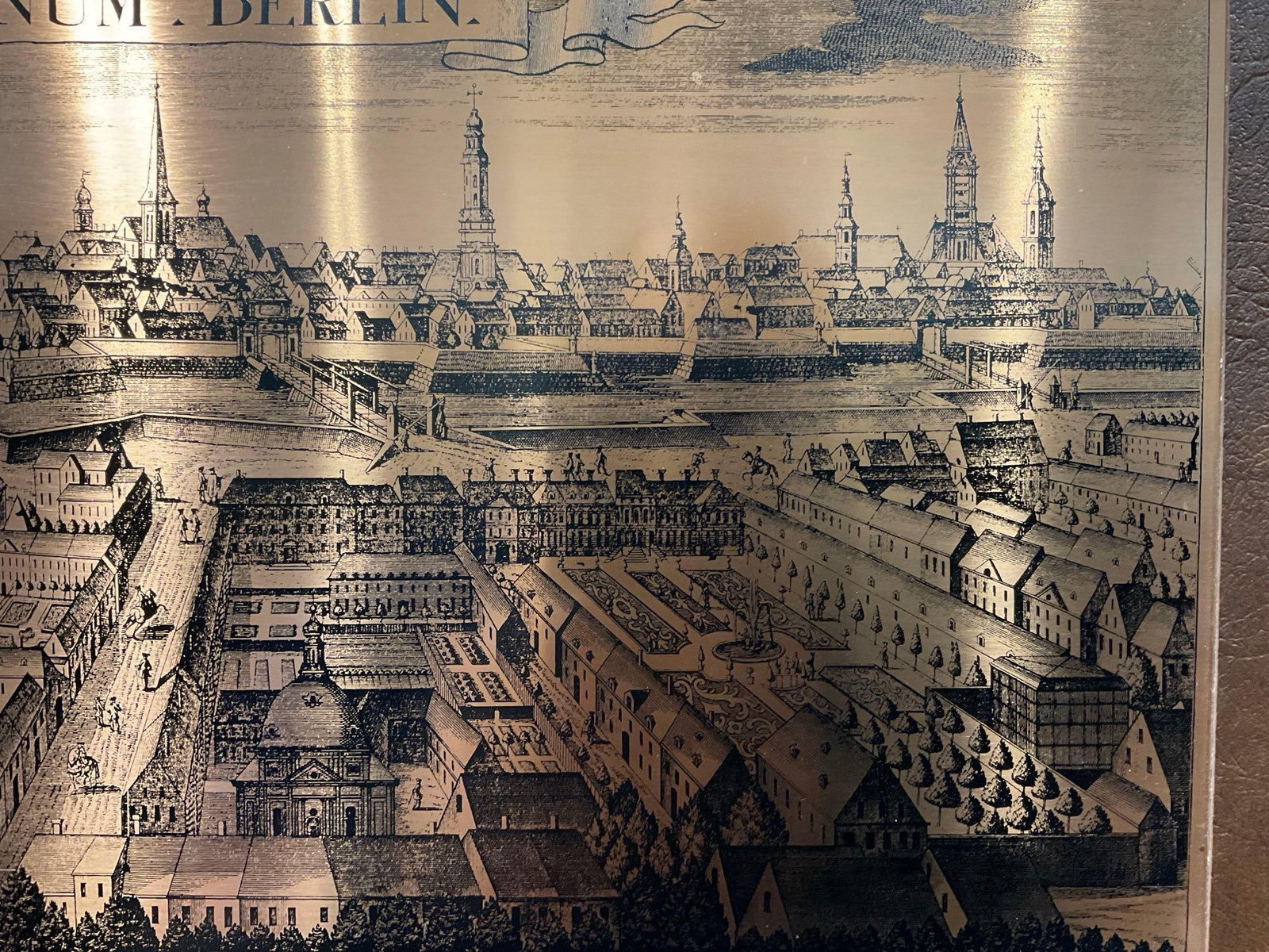 Copper Wall Plaque Etching, Berolinum, Berlin, Panoramic View, on Leathered Frame, 11x19 inches - 3