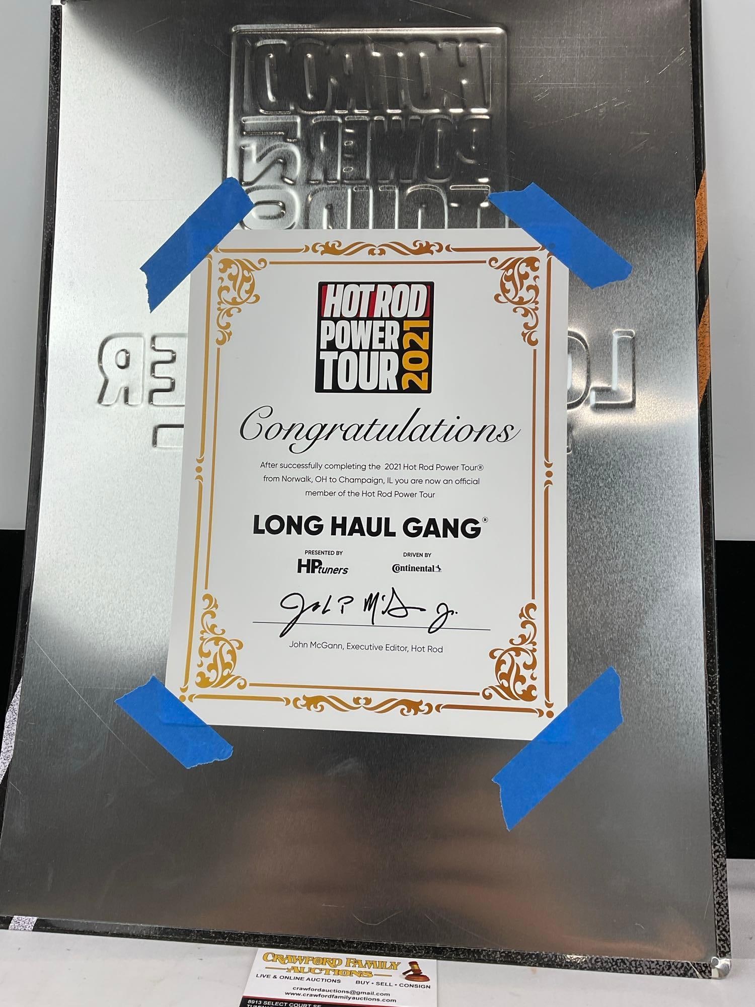 Hot Rod Power Tour 2021 Embossed Metal Sign, Long Haul Gang, w/Congrats Paper on back - 4