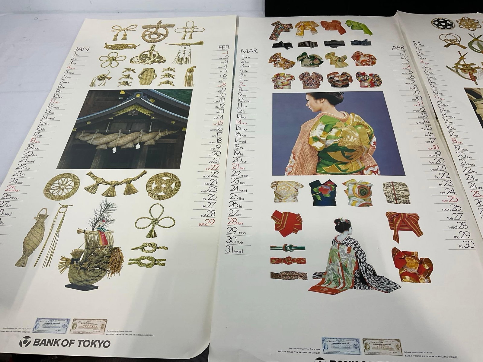 Set of 6 Japanese Artwork on Calendar Pages, missing approx 2 pages, Bank of Tokyo & more, 32x20 in - 2
