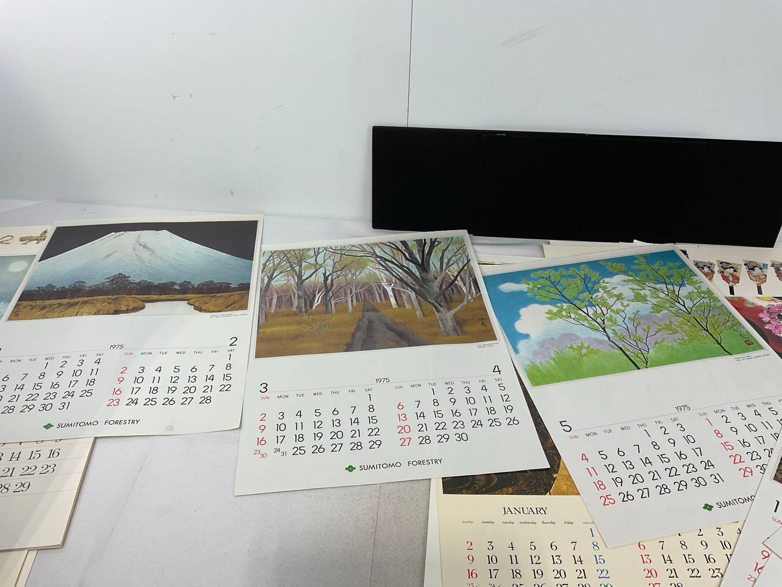 Set of 6 Japanese Artwork on Calendar Pages, missing approx 2 pages, Bank of Tokyo & more, 32x20 in - 5
