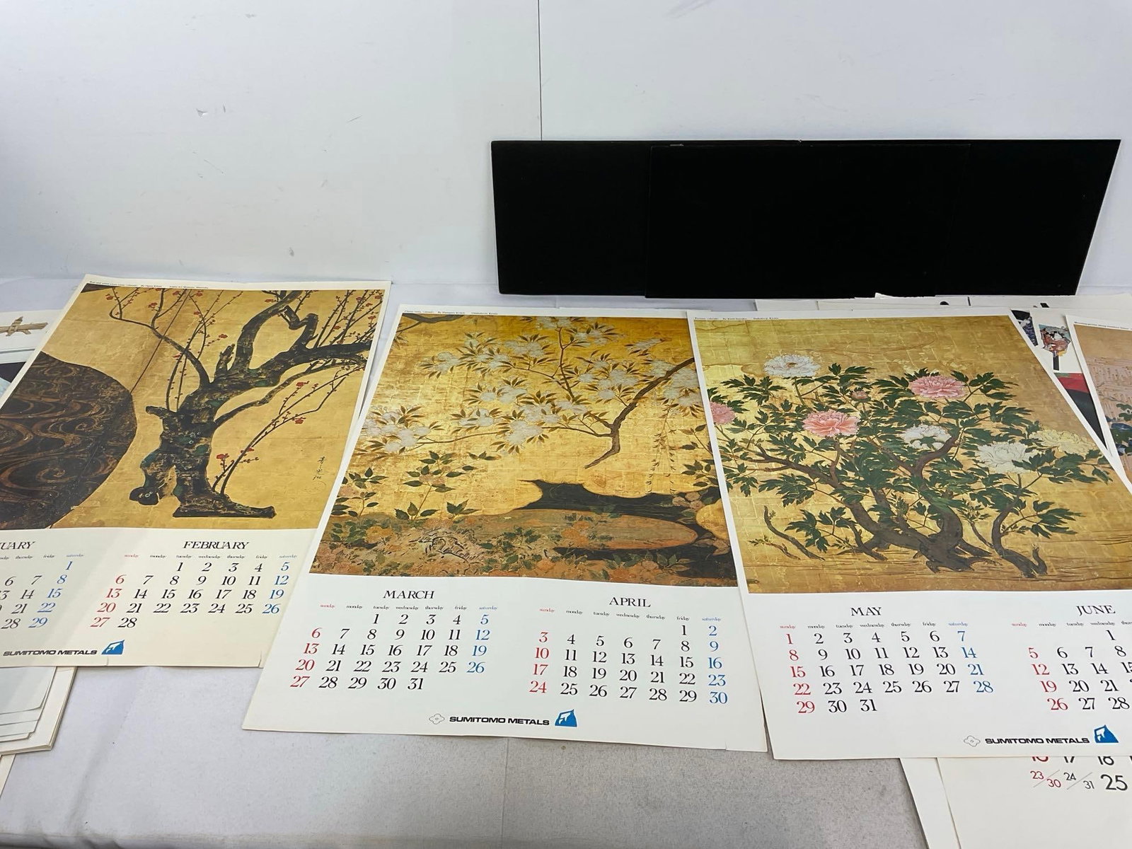 Set of 6 Japanese Artwork on Calendar Pages, missing approx 2 pages, Bank of Tokyo & more, 32x20 in - 6