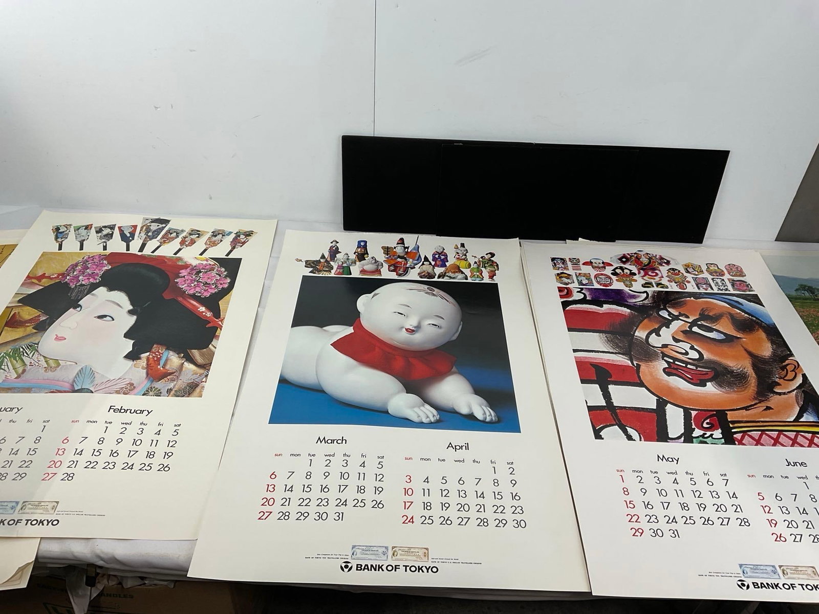 Set of 6 Japanese Artwork on Calendar Pages, missing approx 2 pages, Bank of Tokyo & more, 32x20 in - 7