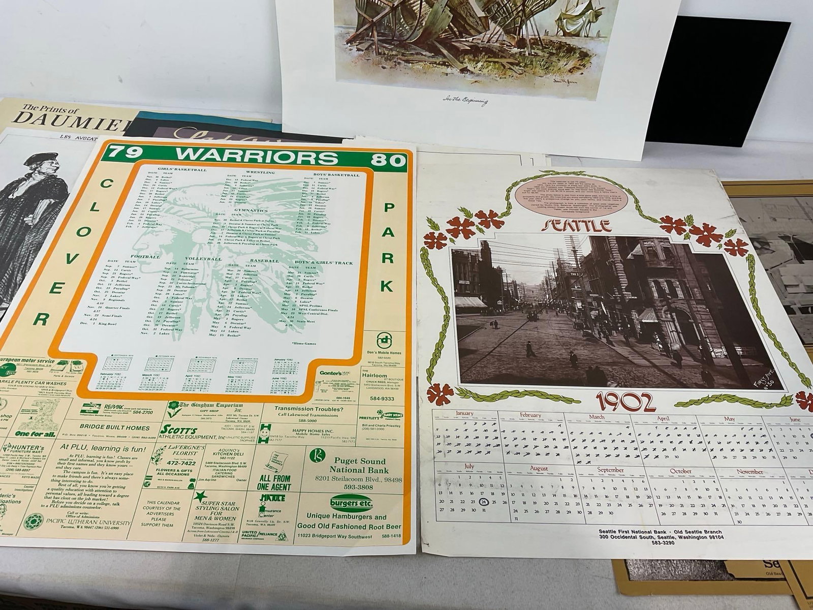 Variety of Artwork, Posters, Daumier, Lady Washington, & Calendars, Ivars 1970s Menu, 28x20 in - 2