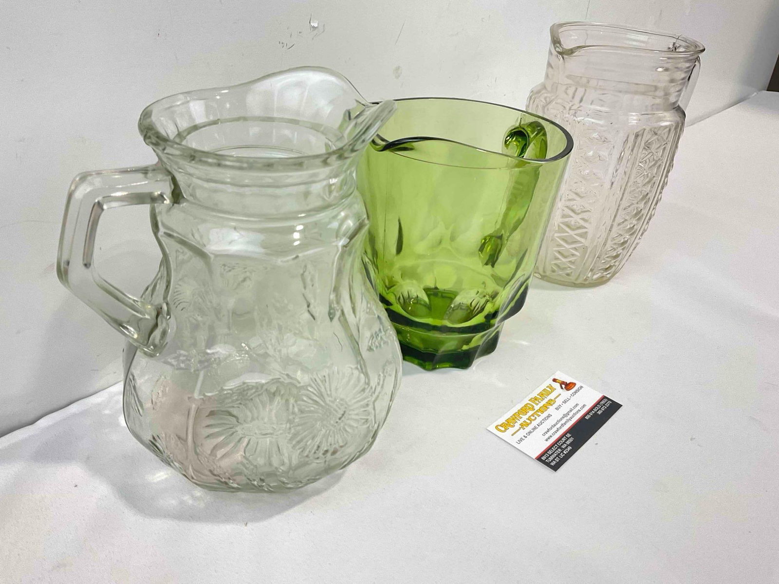3 pcs Vintage Glass Pitchers, incl. 2x Embossed Clear & 1x Green. Fair Condition. See pics. - 2