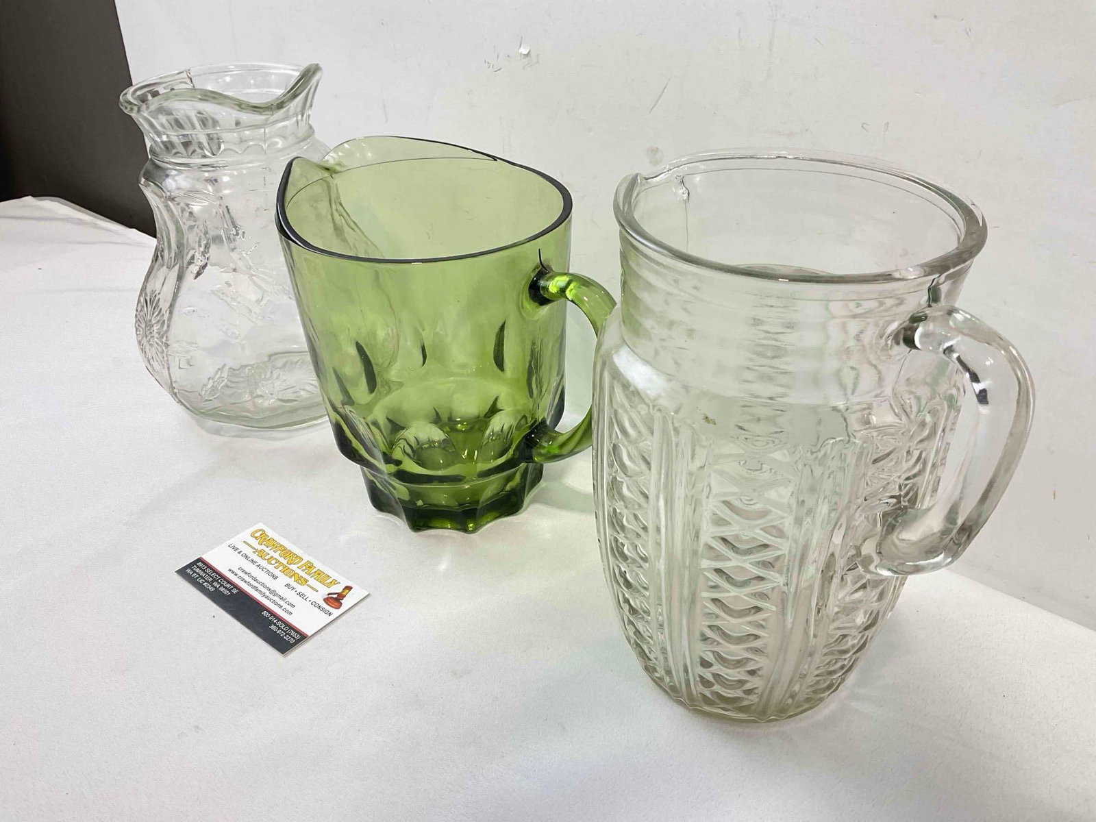 3 pcs Vintage Glass Pitchers, incl. 2x Embossed Clear & 1x Green. Fair Condition. See pics. - 3