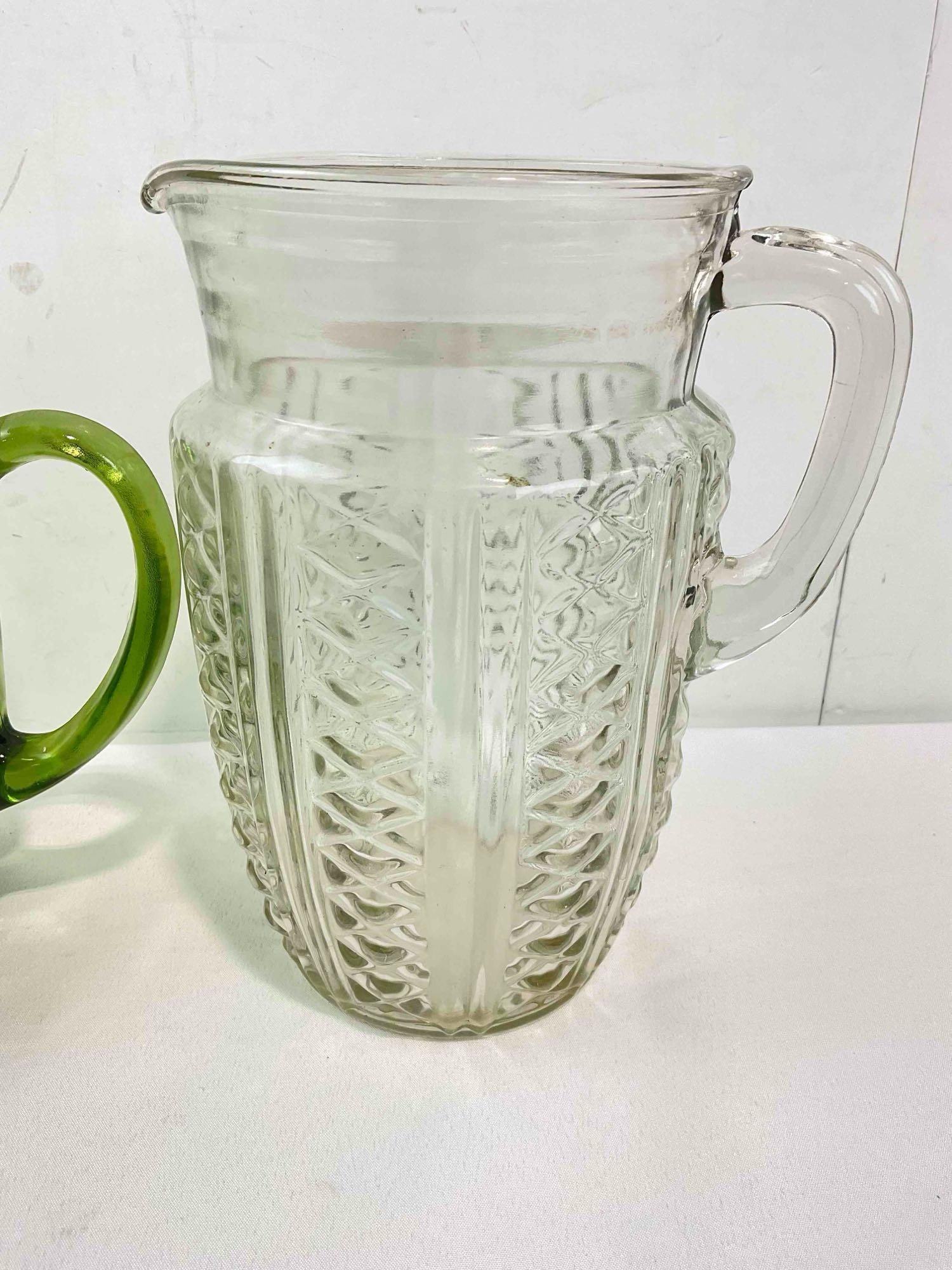 3 pcs Vintage Glass Pitchers, incl. 2x Embossed Clear & 1x Green. Fair Condition. See pics. - 4