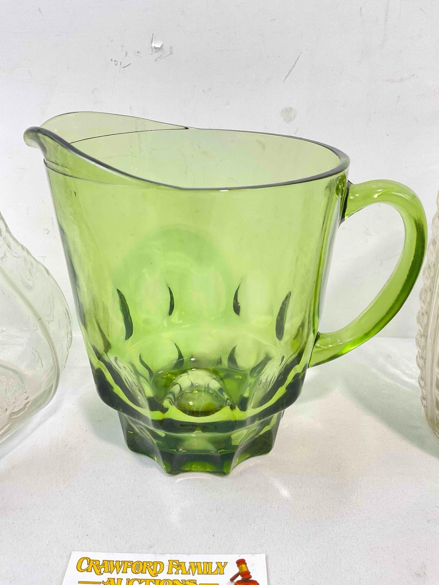 3 pcs Vintage Glass Pitchers, incl. 2x Embossed Clear & 1x Green. Fair Condition. See pics. - 5