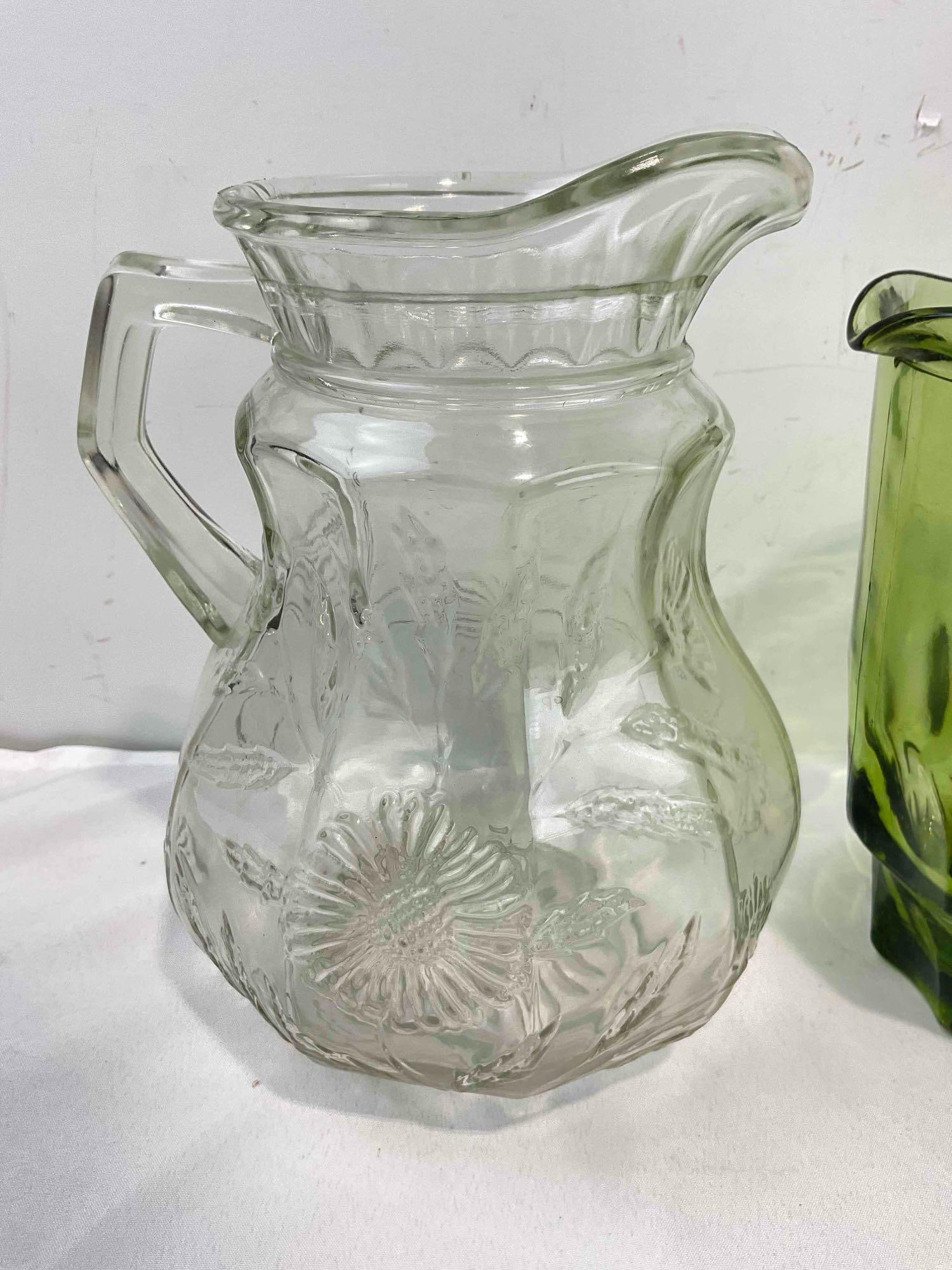 3 pcs Vintage Glass Pitchers, incl. 2x Embossed Clear & 1x Green. Fair Condition. See pics. - 6