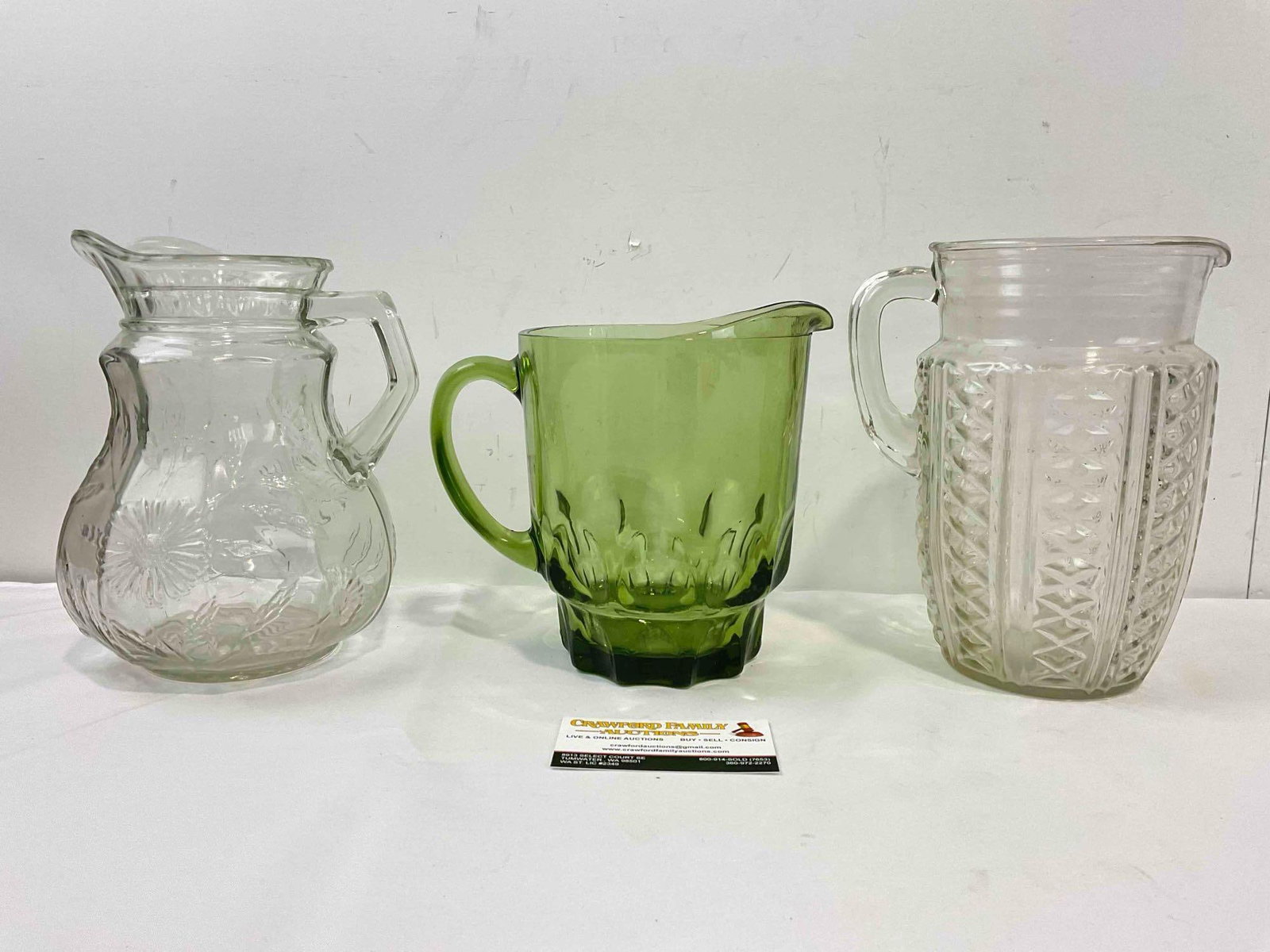 3 pcs Vintage Glass Pitchers, incl. 2x Embossed Clear & 1x Green. Fair Condition. See pics. - 7