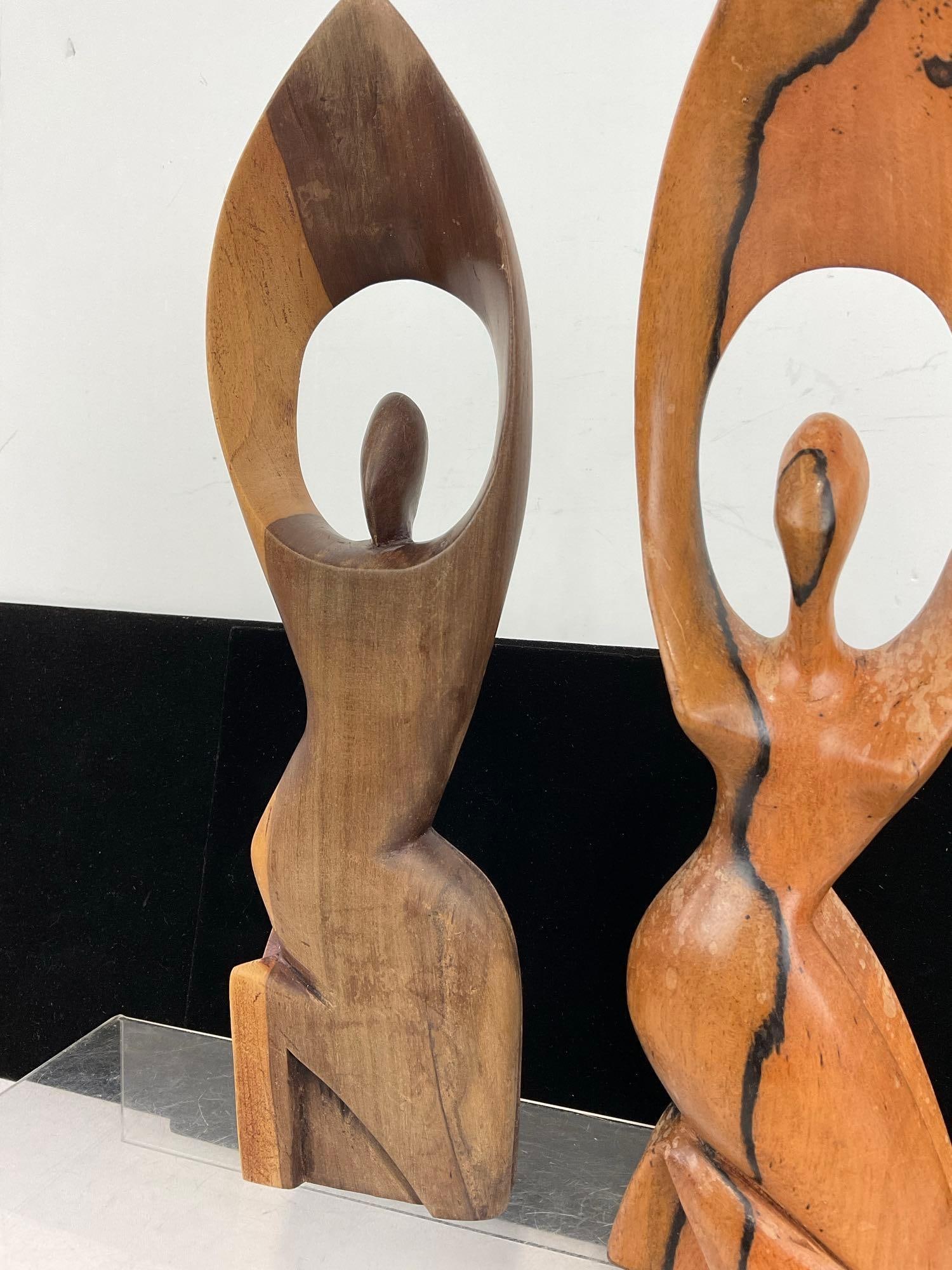 Pair of Shout for Joy Wooden Figures, possibly African hardwood, 13 inches tall - 2