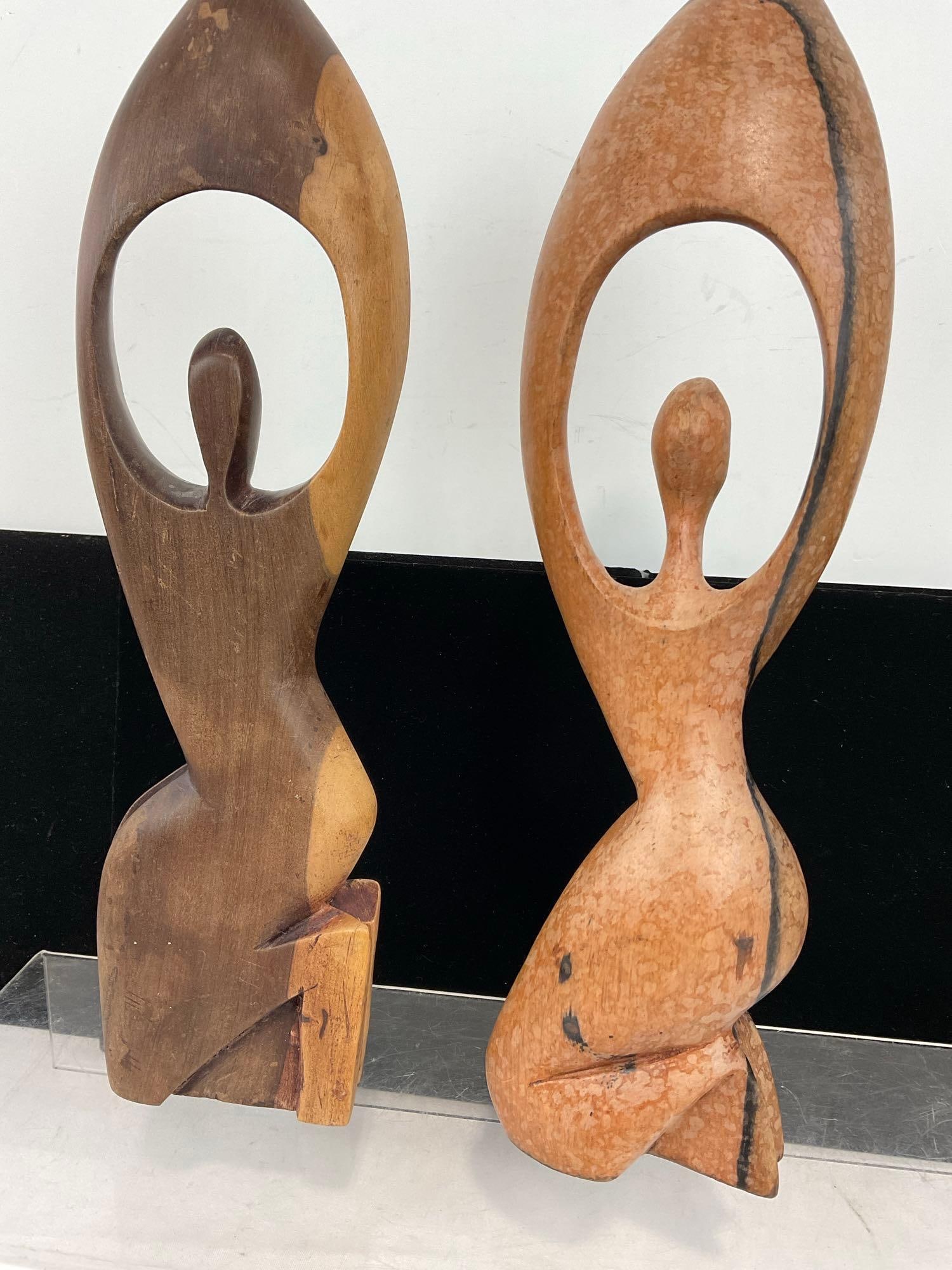 Pair of Shout for Joy Wooden Figures, possibly African hardwood, 13 inches tall - 3