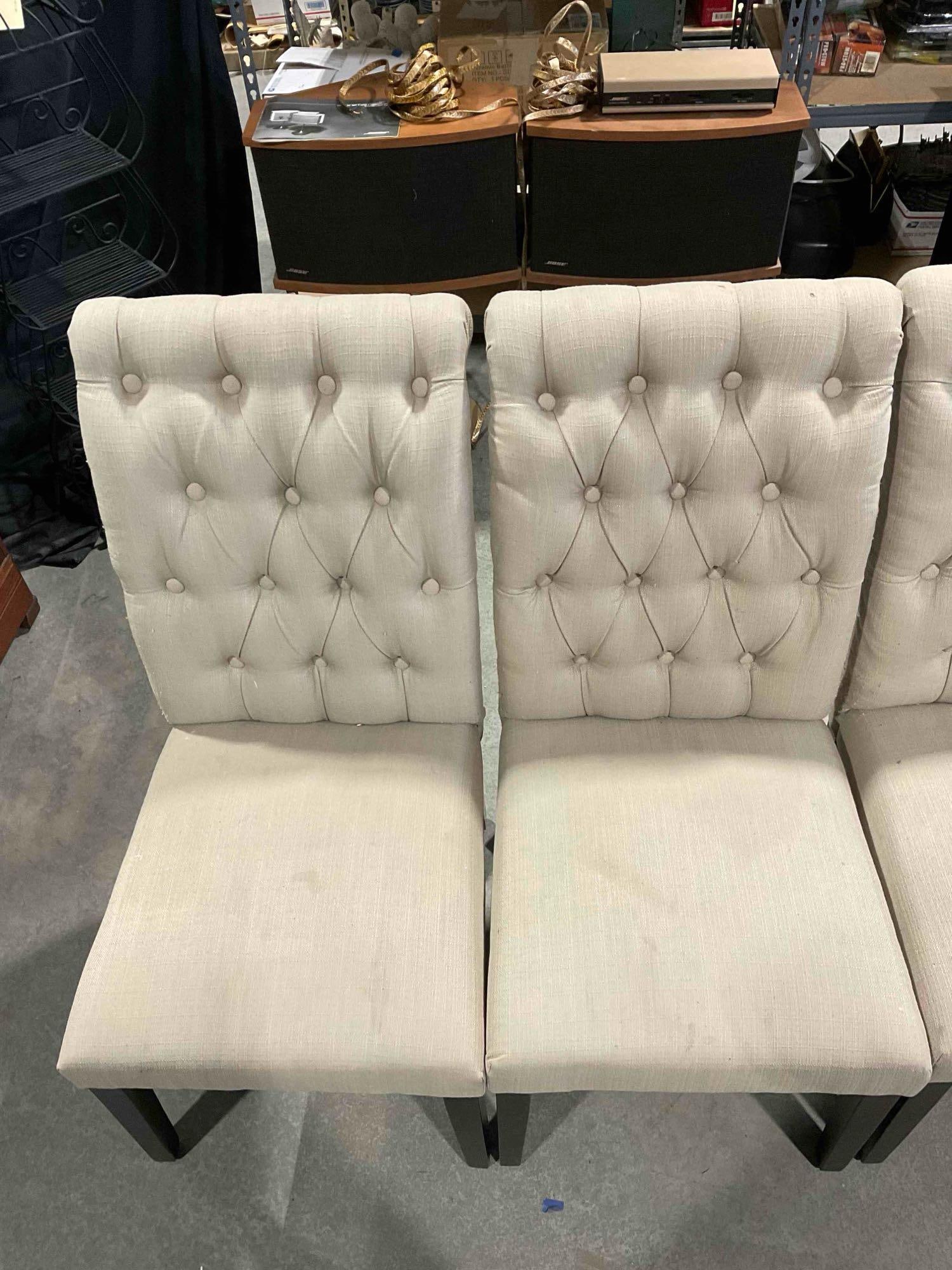 4 pcs World Market Tufted Beige Fabric Upholstered Dining Chairs. Fair Condition. See pics. - 2