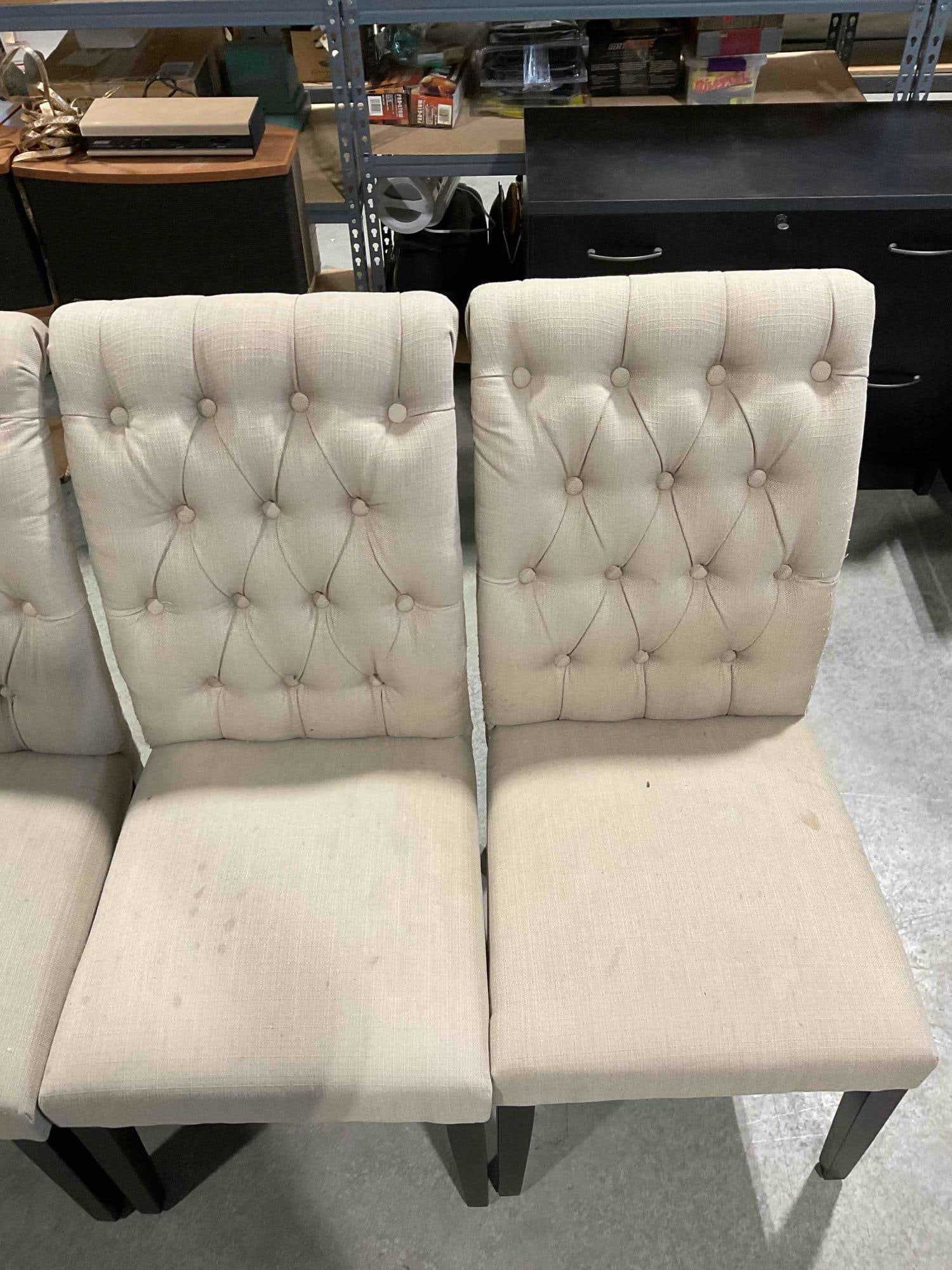 4 pcs World Market Tufted Beige Fabric Upholstered Dining Chairs. Fair Condition. See pics. - 3